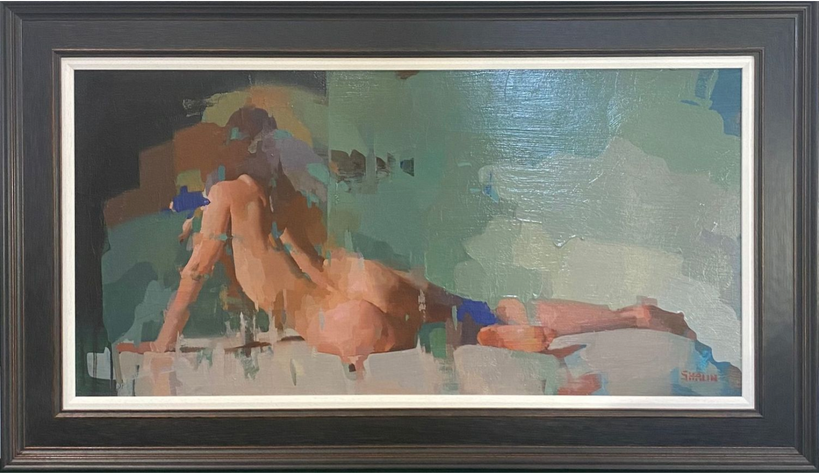Painting of a nude figure in a natural setting with a dark frame.
