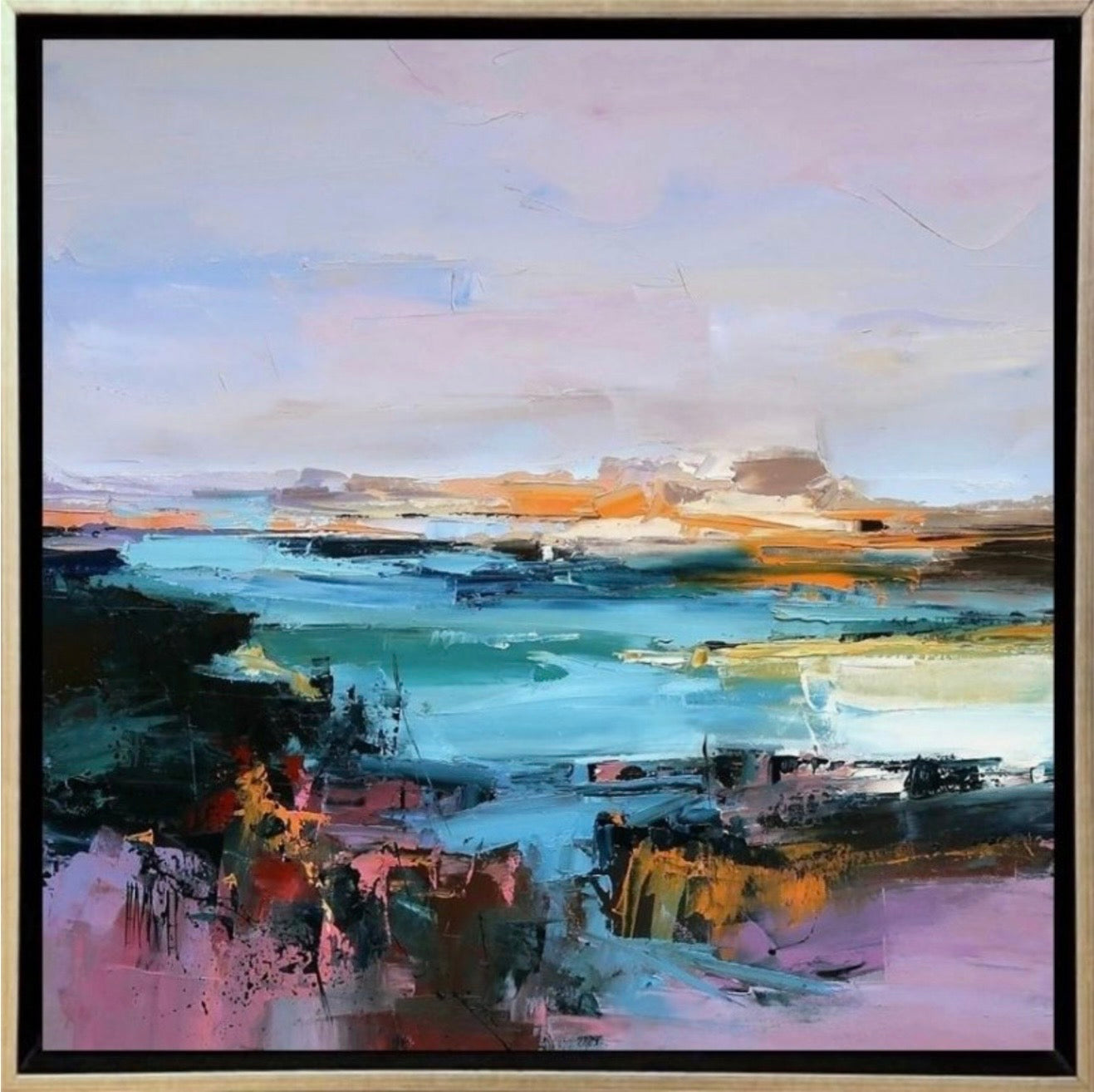 Abstract landscape painting with a black frame