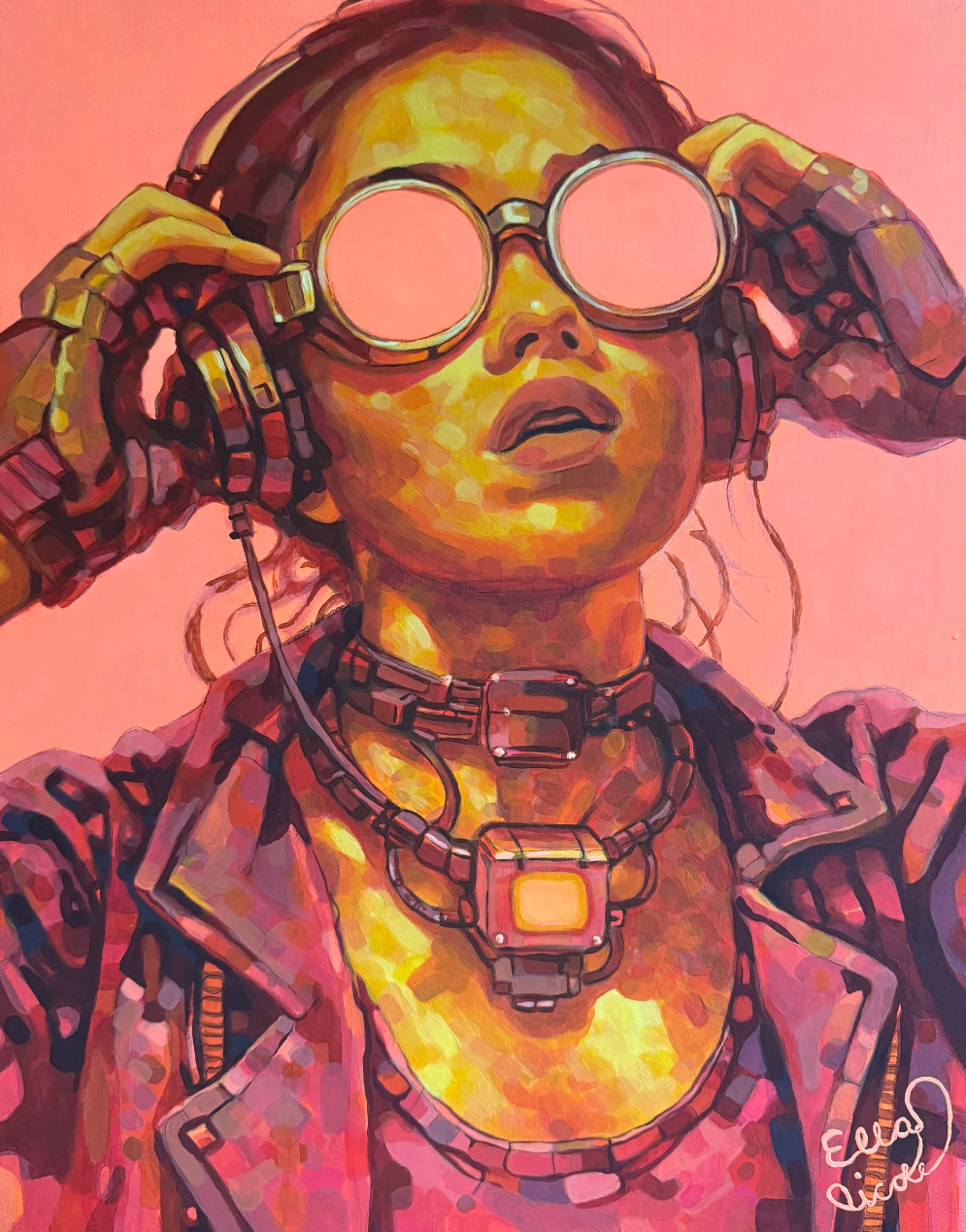 Artistic depiction of a person wearing futuristic headphones and goggles with a pinkish-orange background.