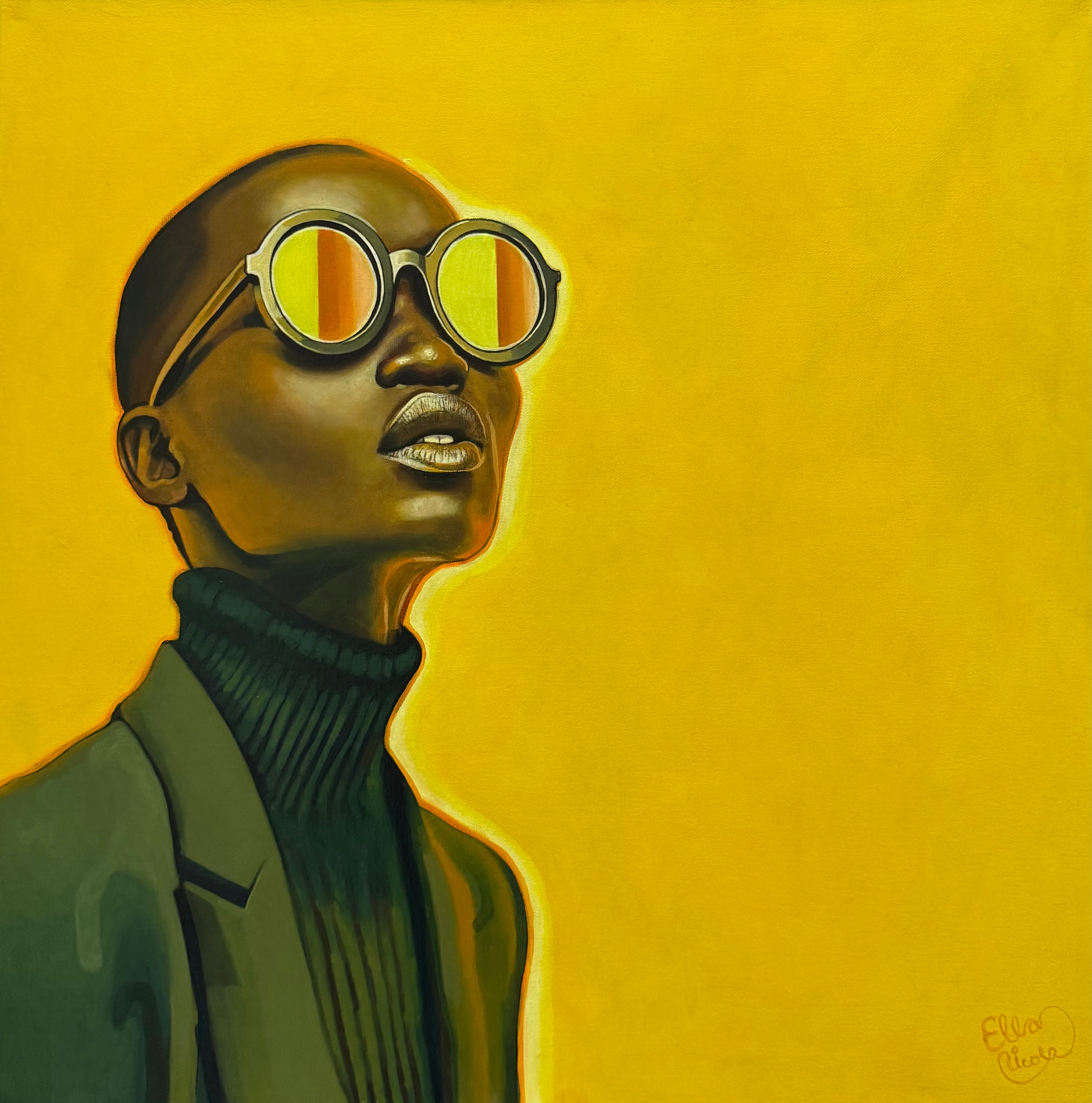 Artistic portrait of a person wearing sunglasses on a yellow background