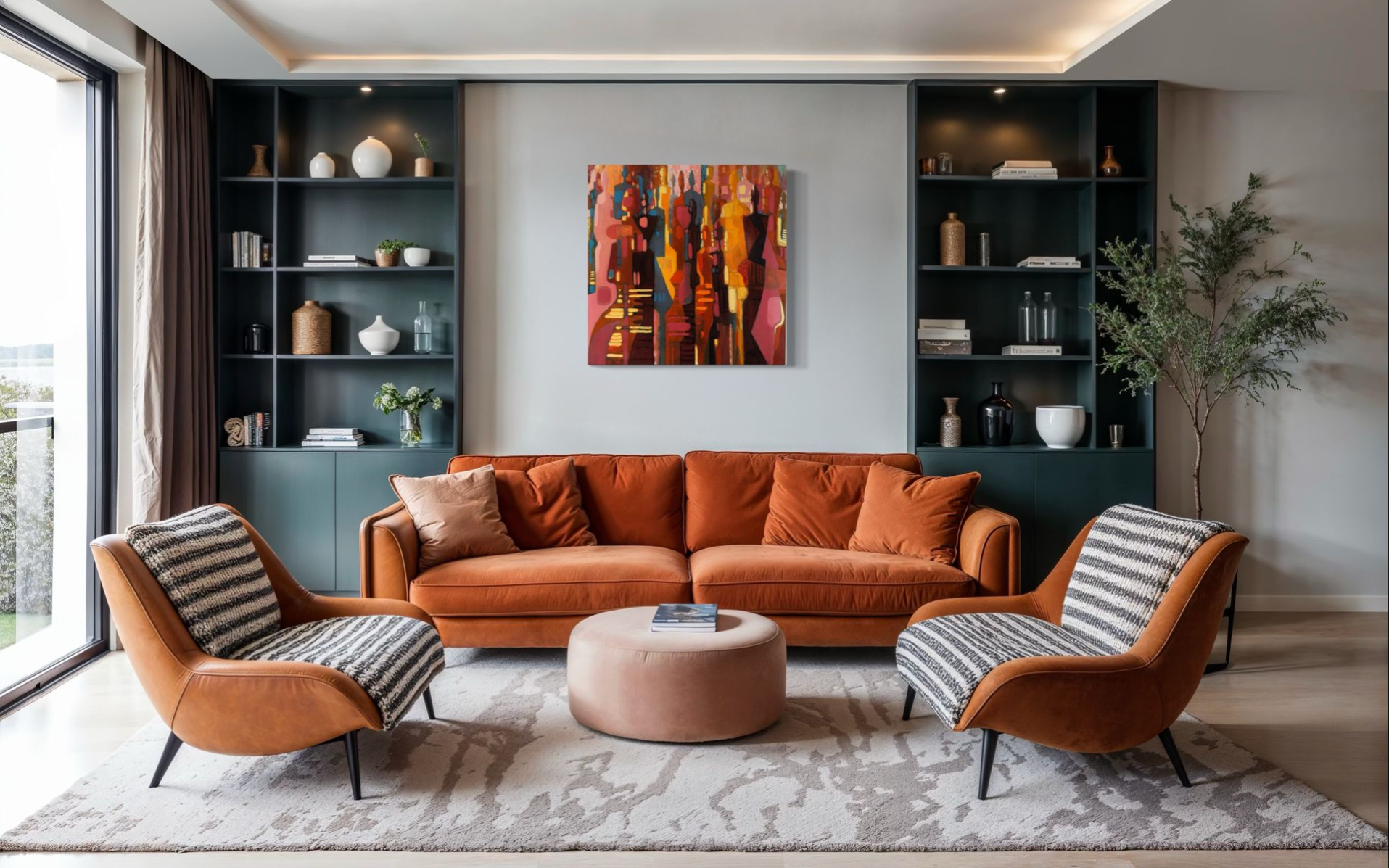 Modern living room with brown sofa, armchairs, and decorative elements. With Allan Offord The Gathering Original centre