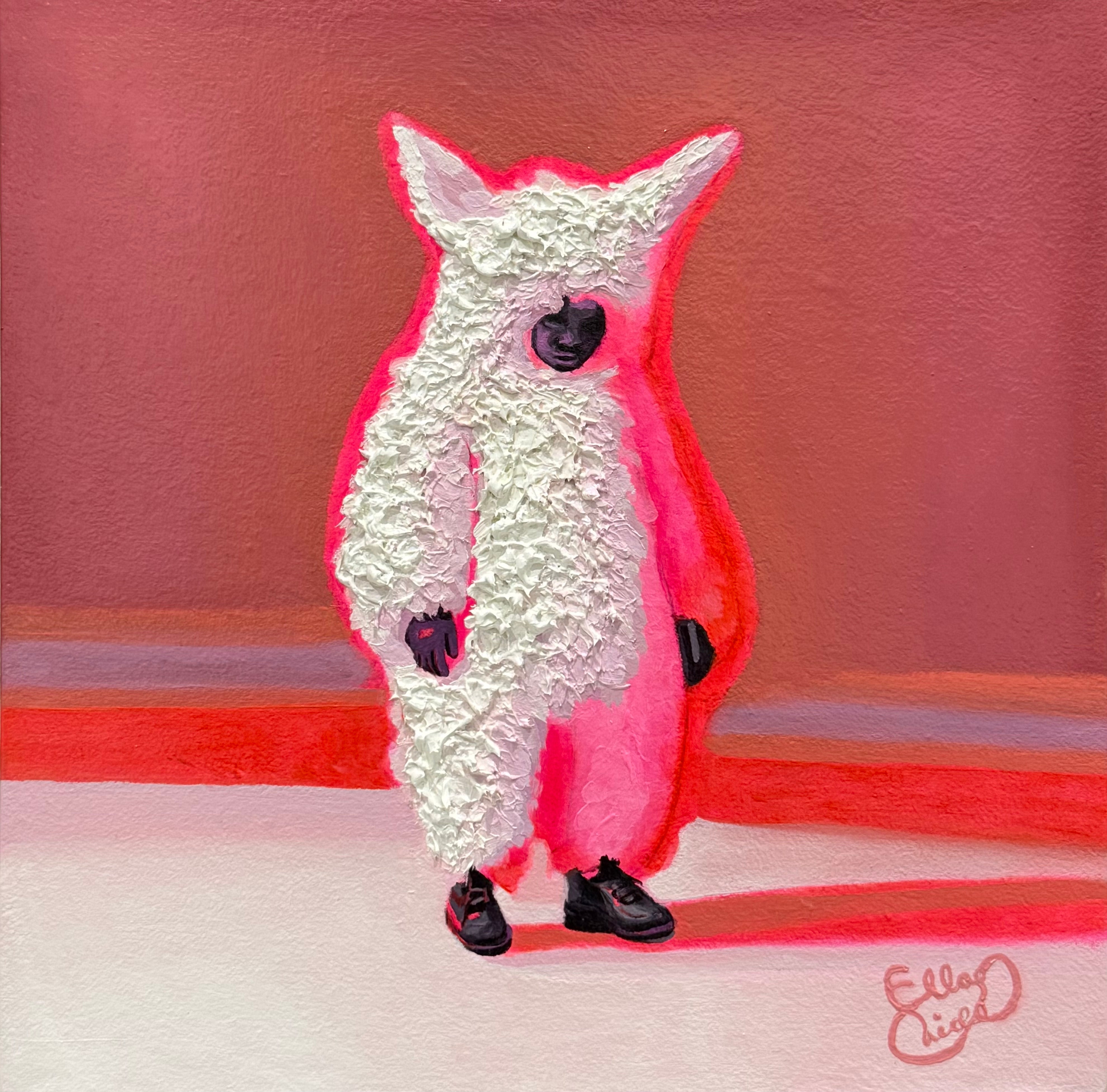 Painting of a white creature with pink accents standing on a red platform.