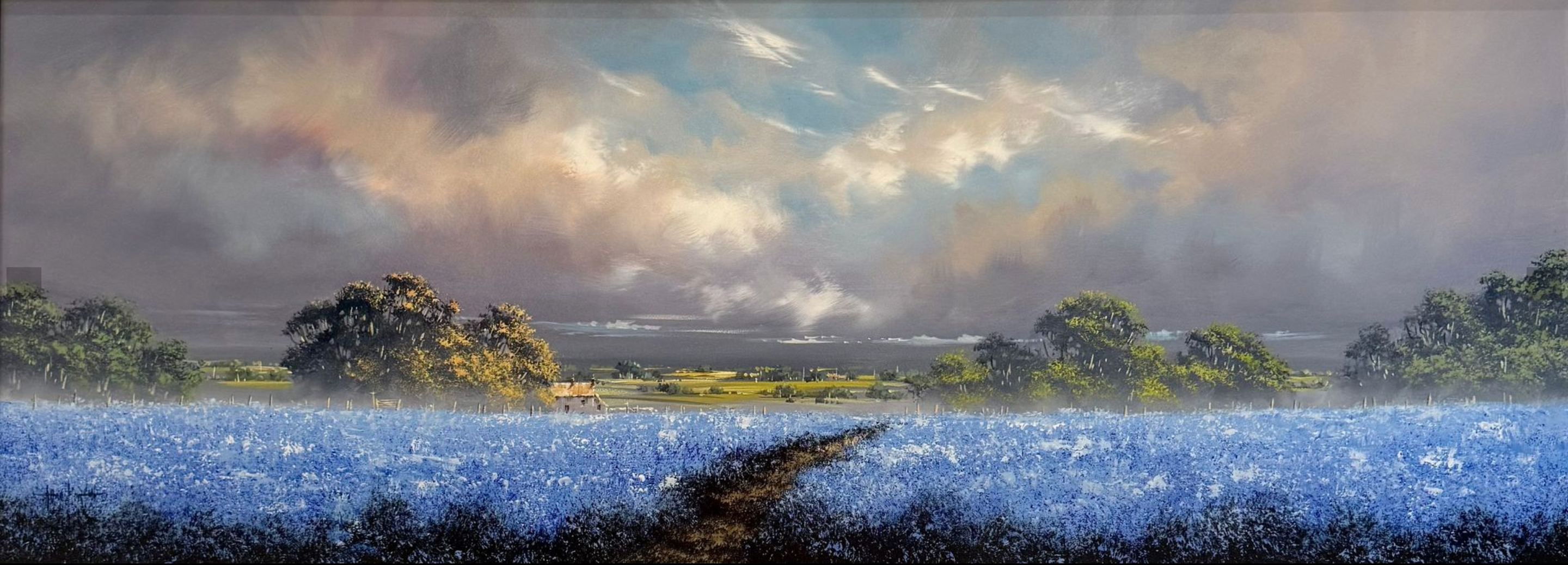 Scenic landscape original painting with a field of blue flowers, trees, and a cloudy sky.