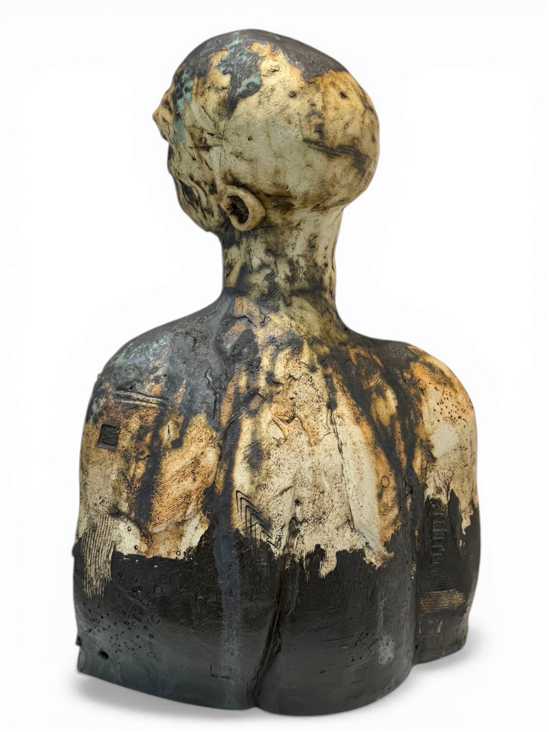 Abstract sculpture with textured surface on a white background