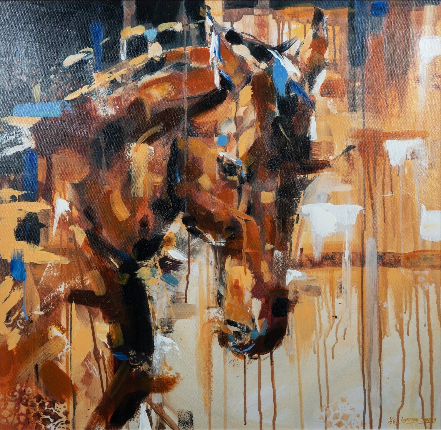 Abstract painting of a horse with brown, black, and blue colours