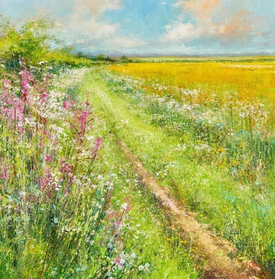 Painting of a rural landscape with a path through fields of flowers and crops.