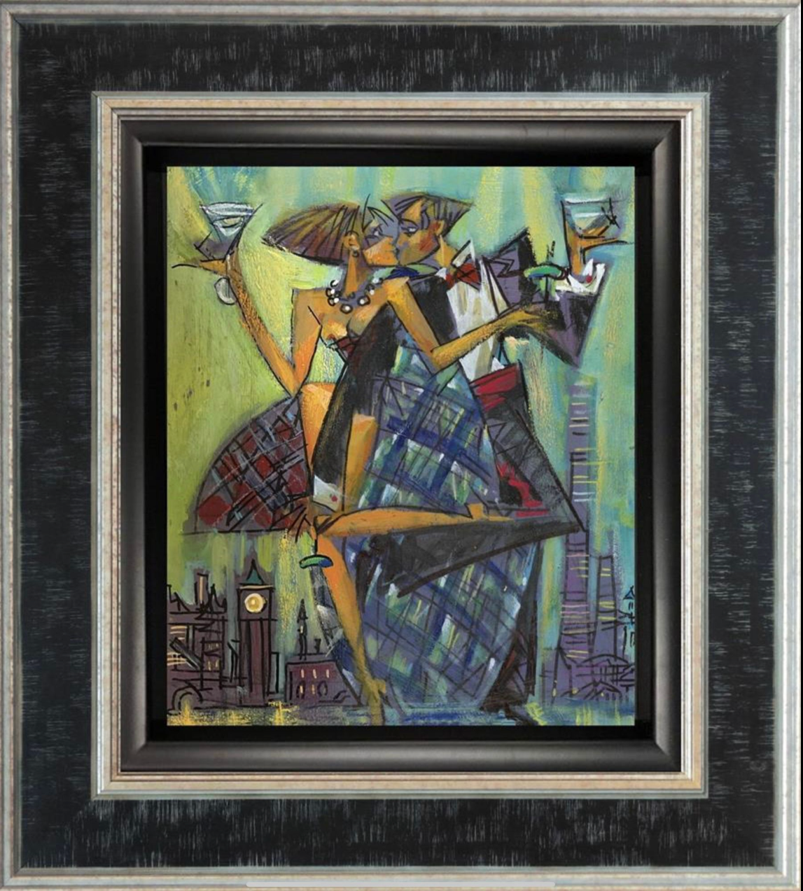 Framed artwork of a stylized woman in a plaid dress with abstract elements.