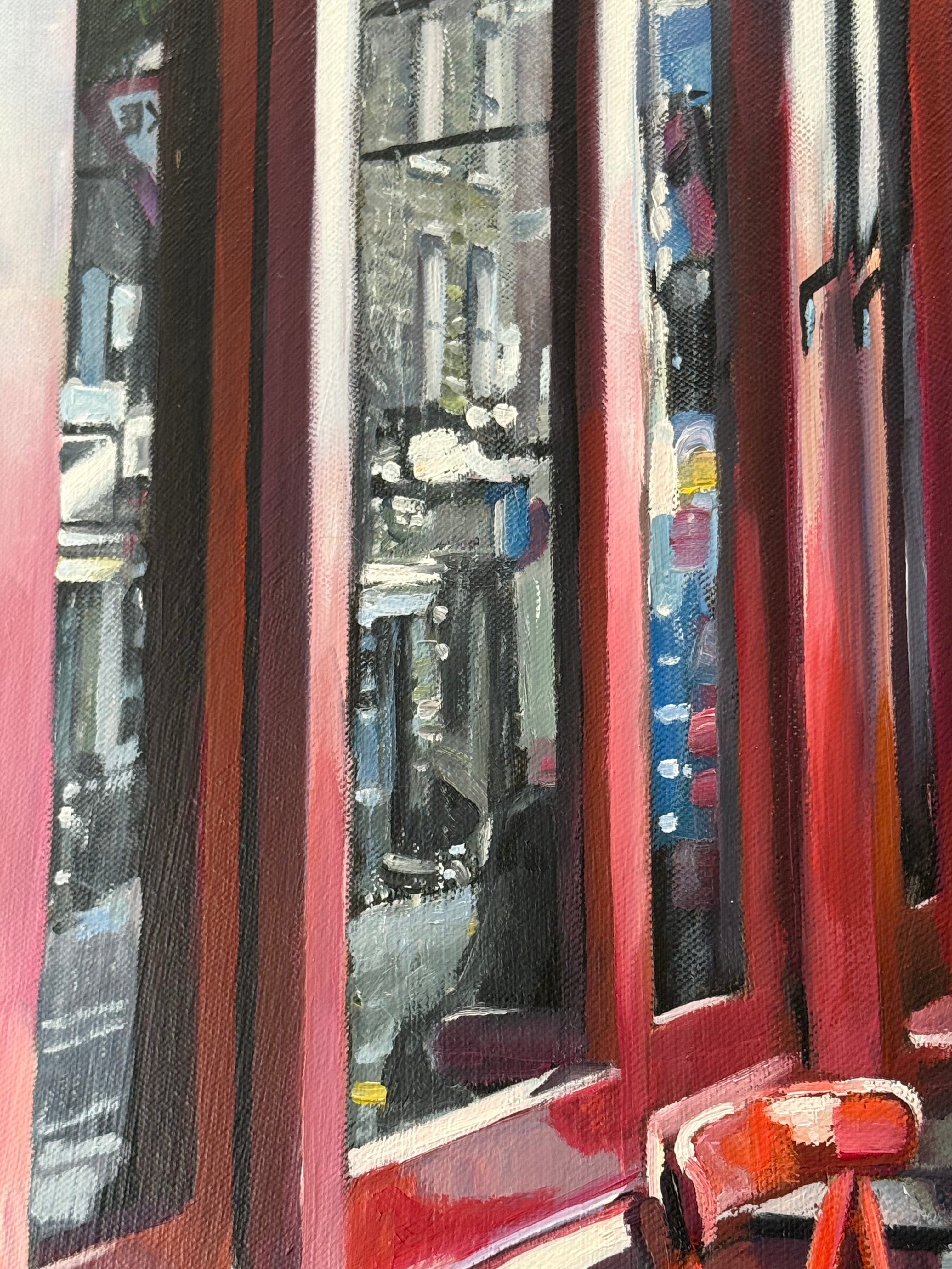 Waiting in Frith Street Soho London close up of restaurant red windows and reflection details painted on oils