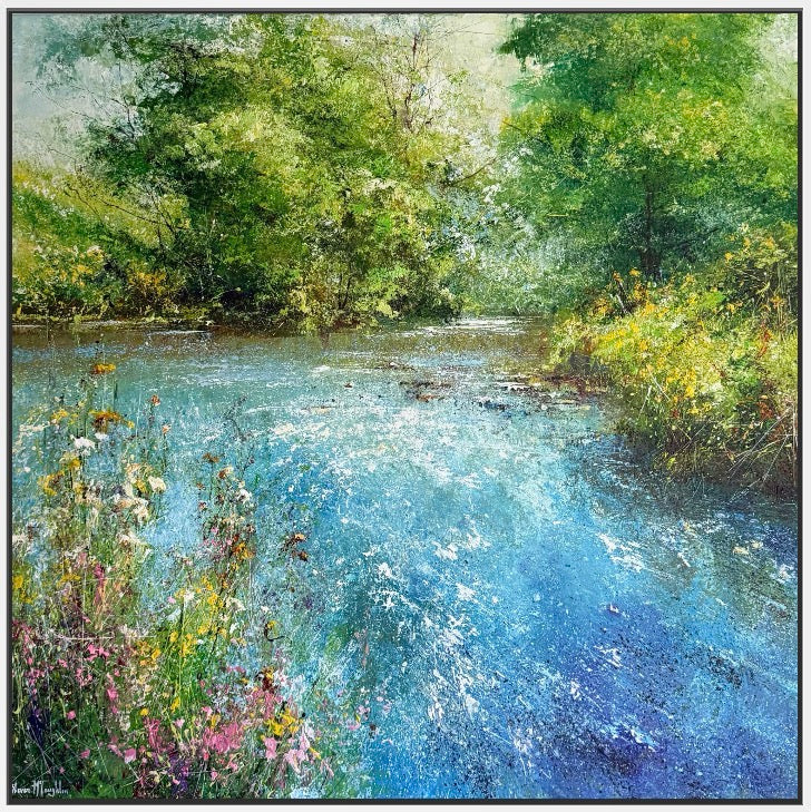 Painting of a serene river surrounded by trees and flowers
