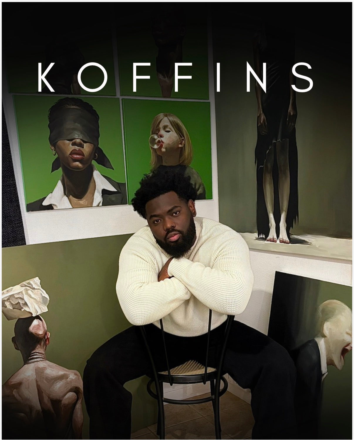 Man sitting in a chair with artistic background and 'KOFFINS' text