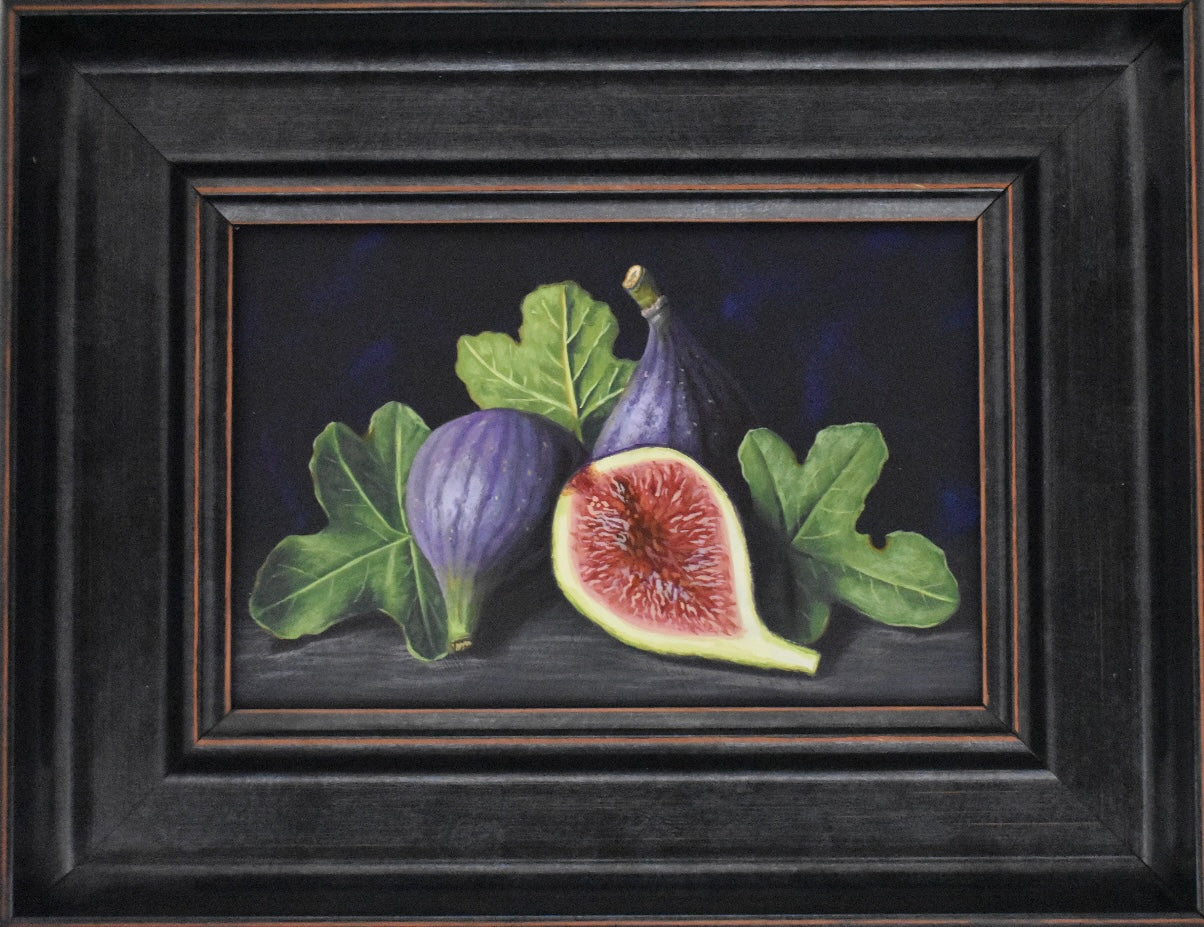 Framed artwork of figs with leaves on a dark background