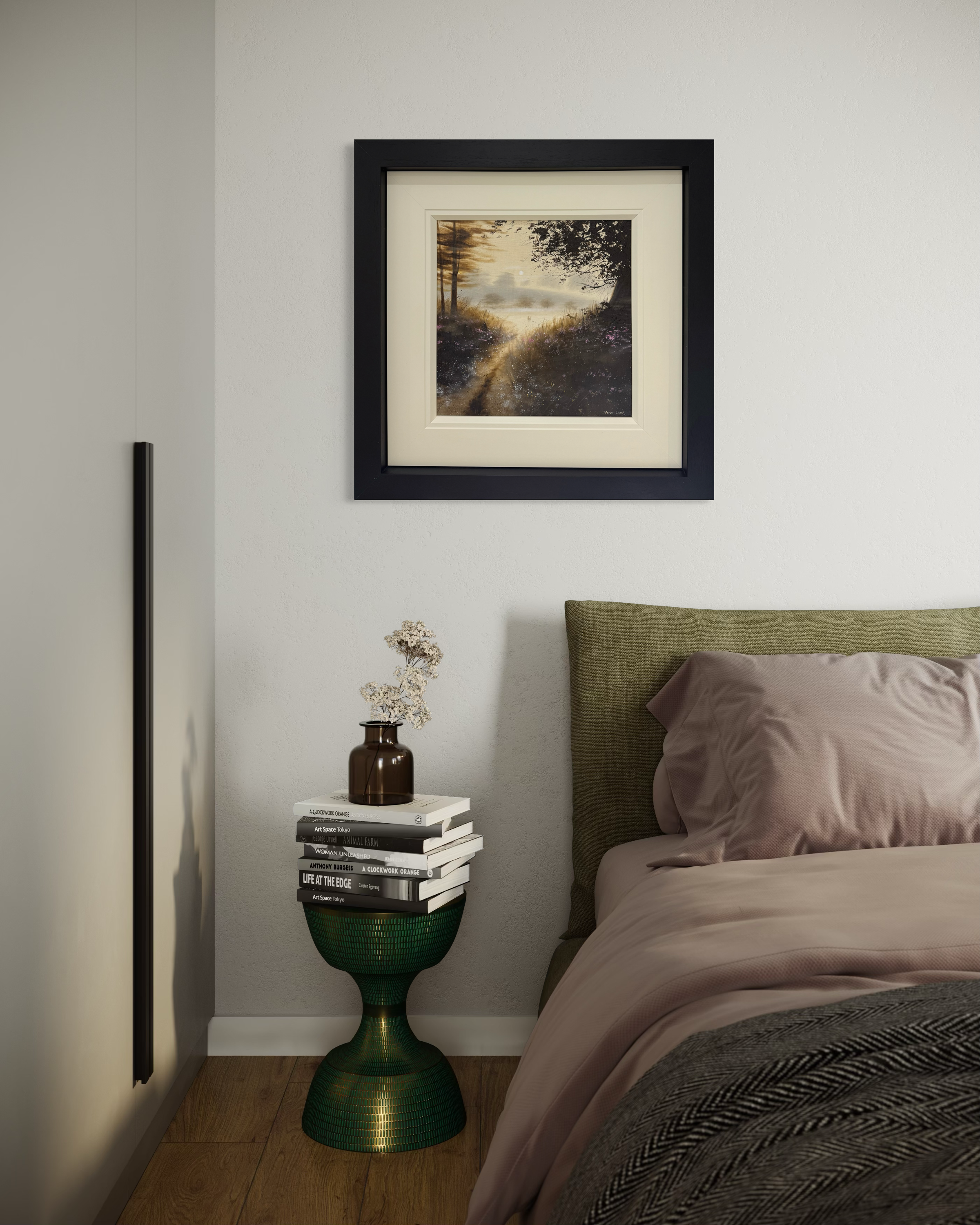 modern interior with beige bed and a D J Warilow painting hanging central