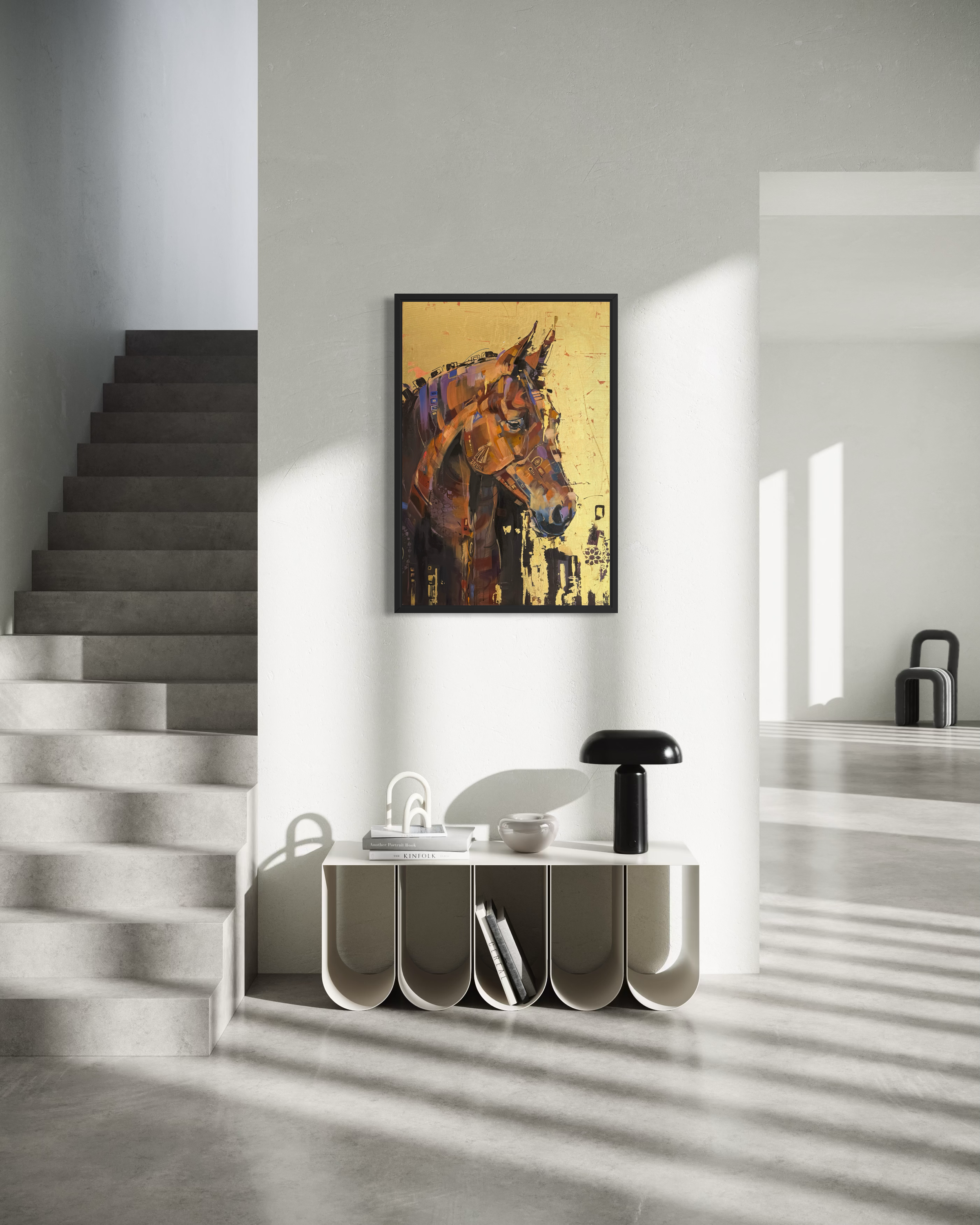 Modern interior with a horse painting on the wall, a white console table, and a staircase.