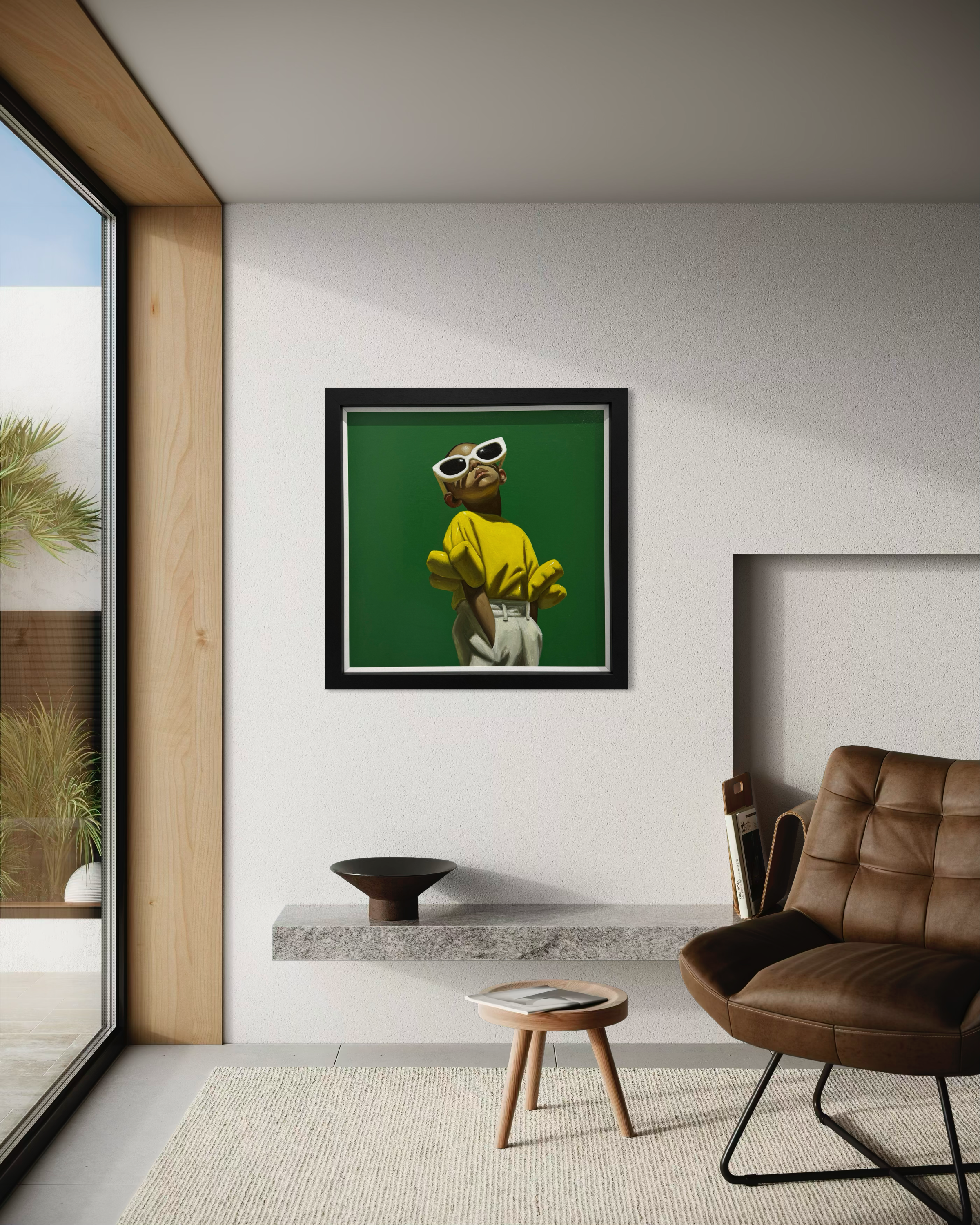 Modern living room with a framed artwork on the wall, brown chair, and glass door.