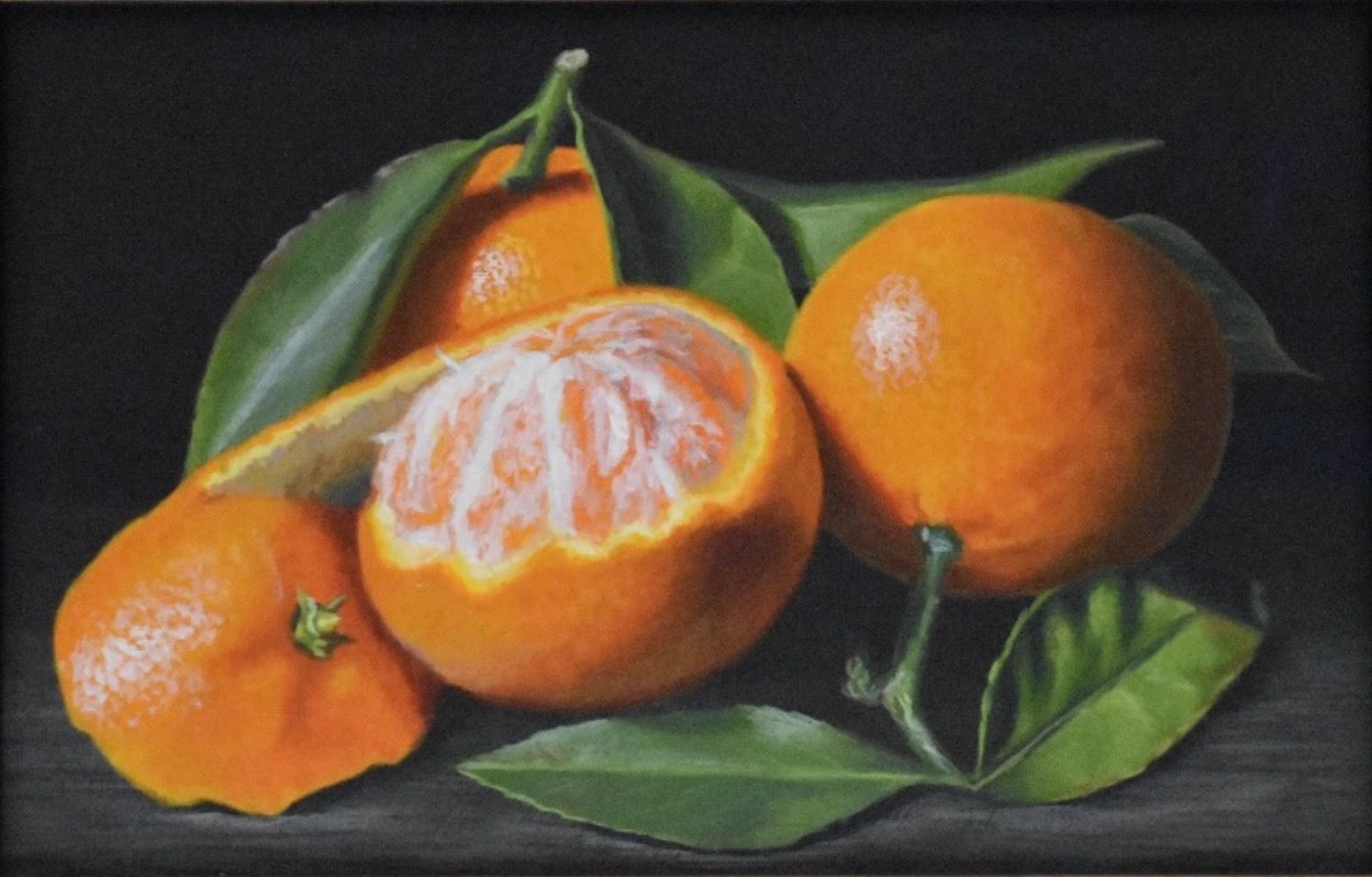 Painting of mandarin oranges with leaves on a dark background