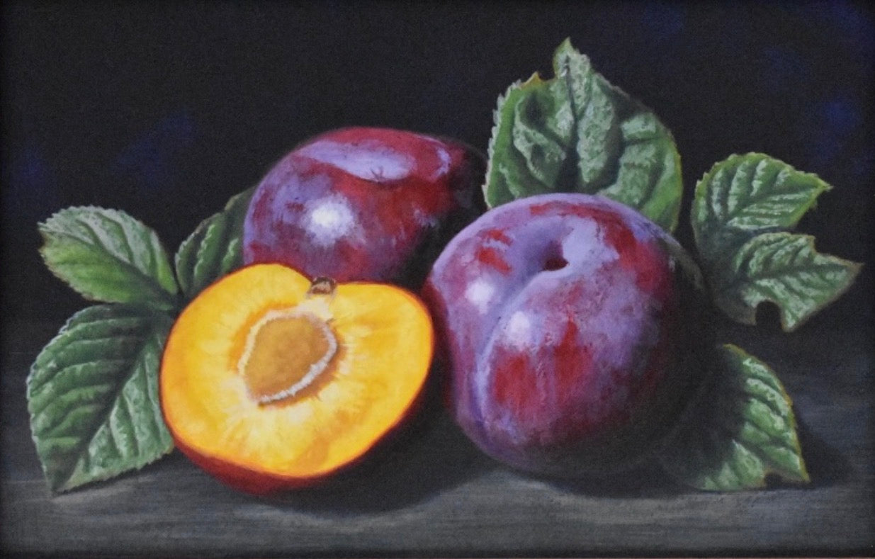 Still life painting of plums with one halved on a dark background