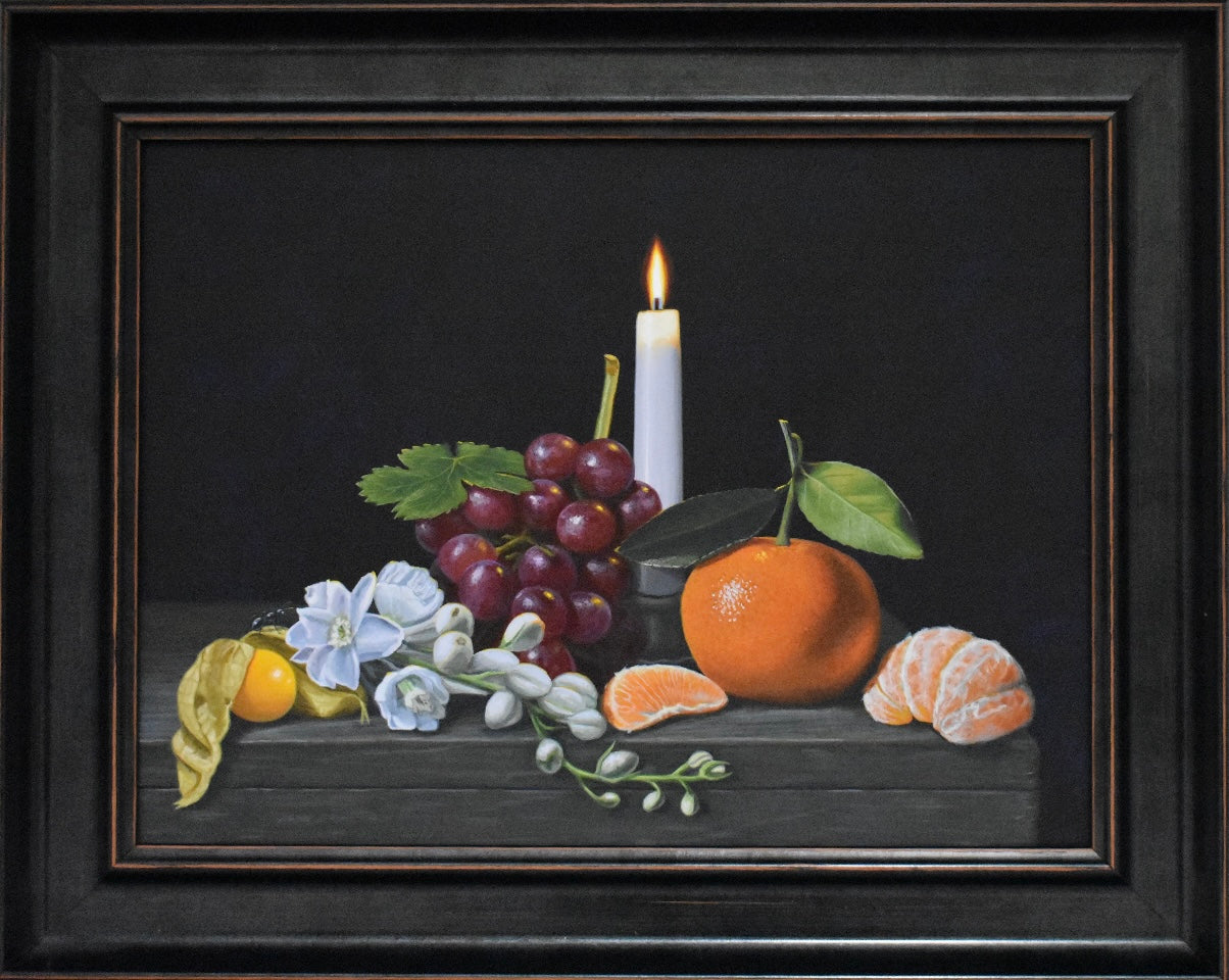 Still life painting with fruits, flowers, and a candle on a dark surface.