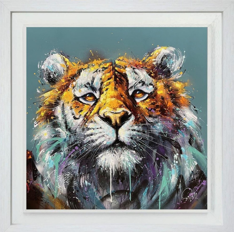 Framed painting of a tiger's face with a colorful abstract style.