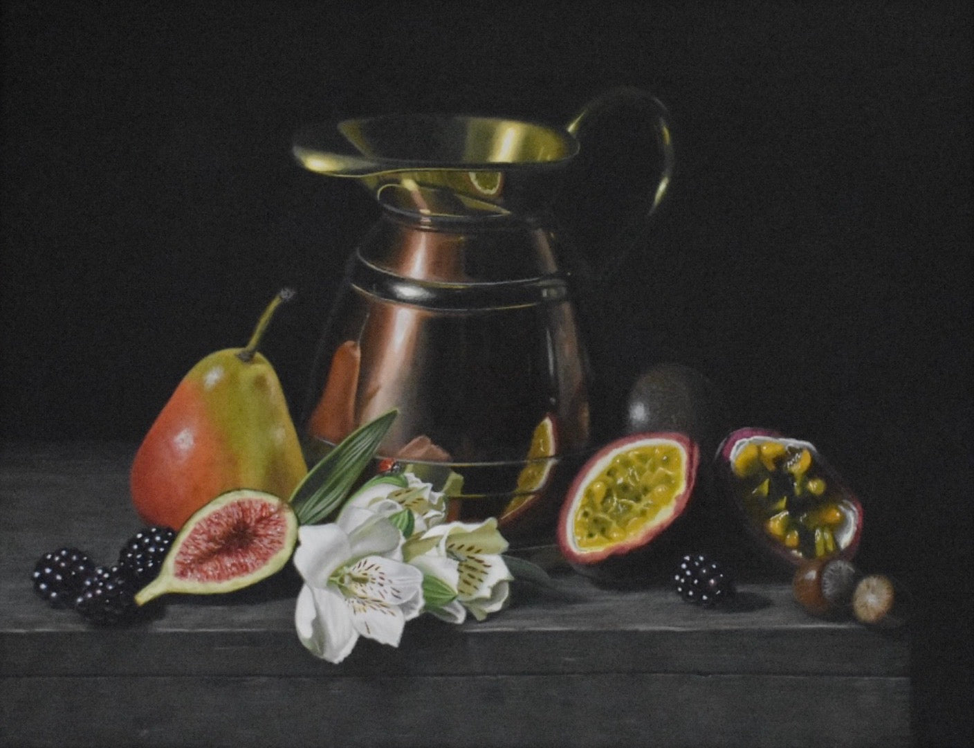 Still life painting with a copper pitcher, fruits, and flowers on a dark surface.