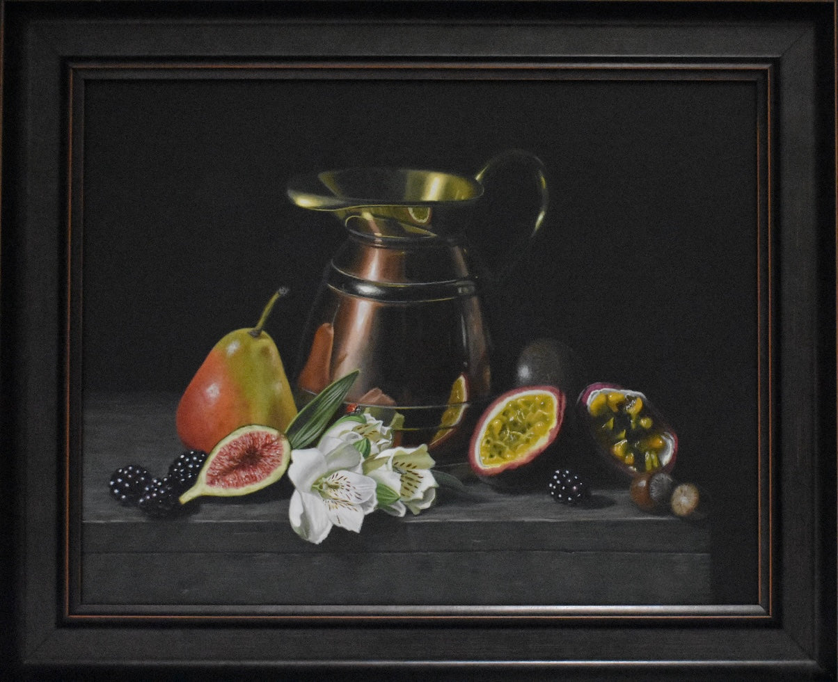 Still life painting with a copper pitcher, fruits, and flowers on a dark background