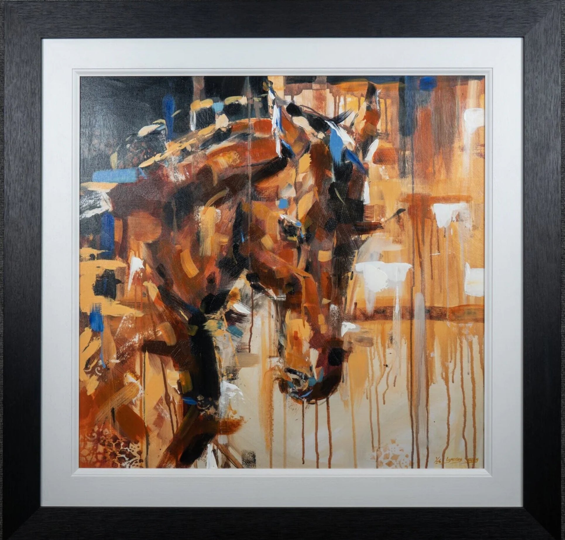 Abstract painting of a horse with brown and black tones in a white frame.