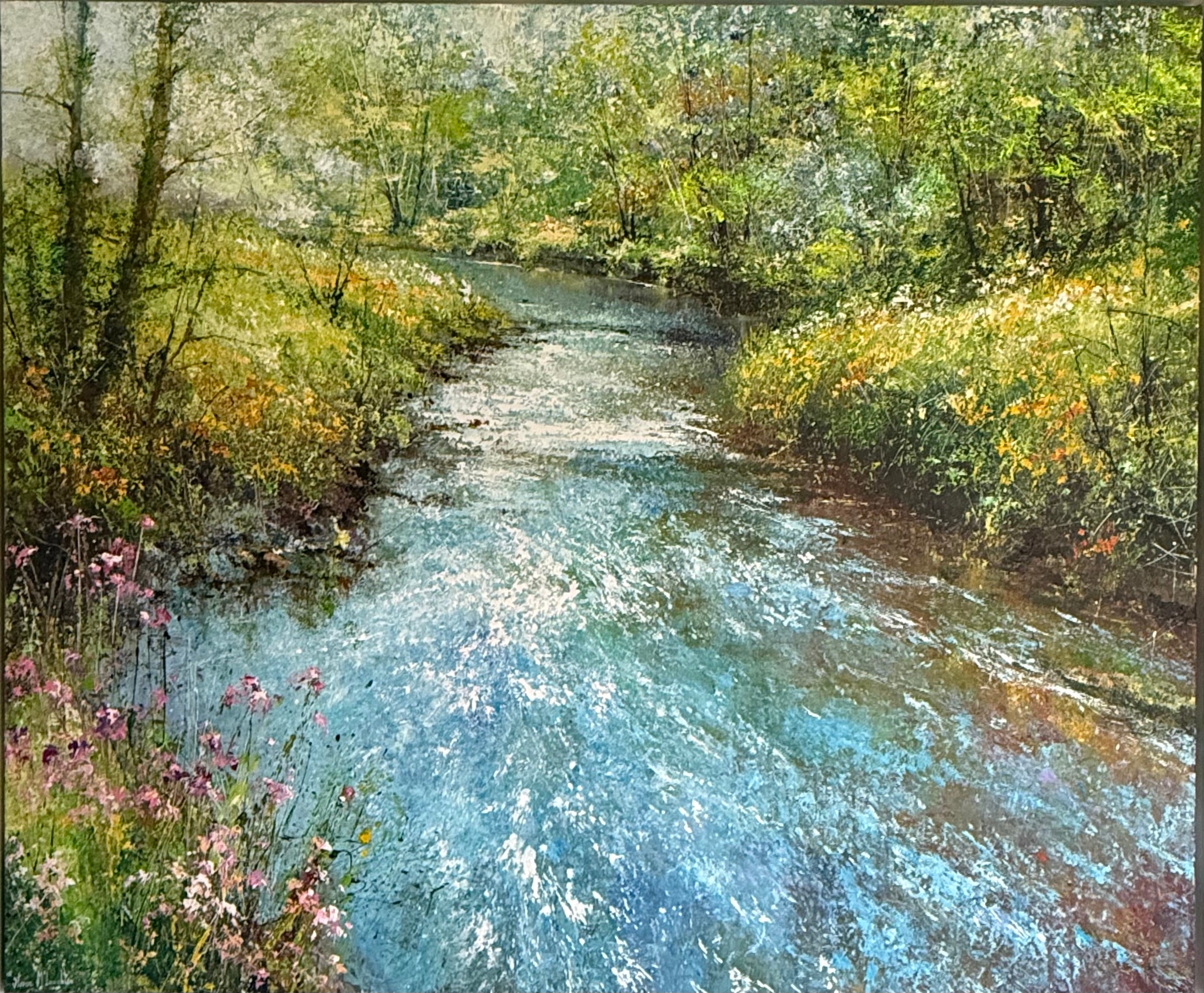 Painting of a stream flowing through a forest with greenery and flowers.