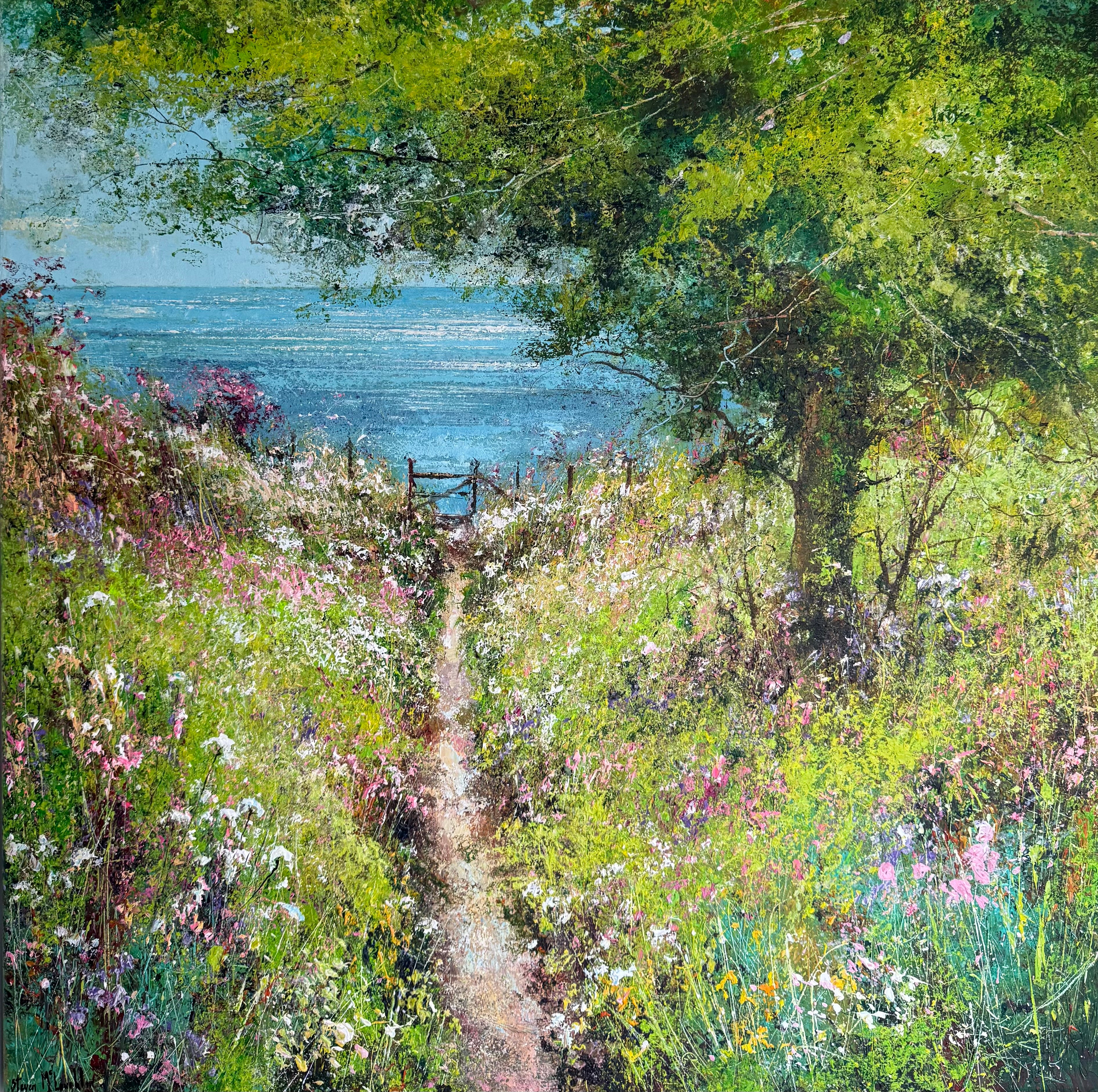 Painting of a garden path leading to a gate with a view of the sea.