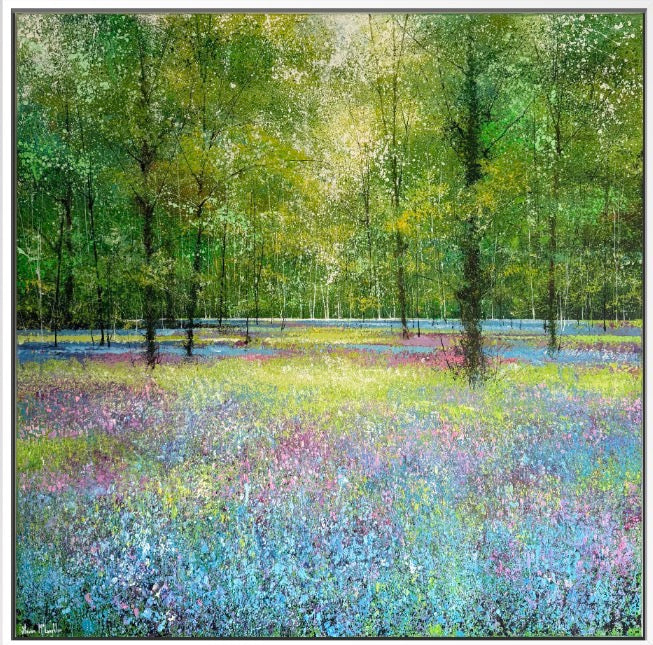 Painting of a forest with a field of flowers
