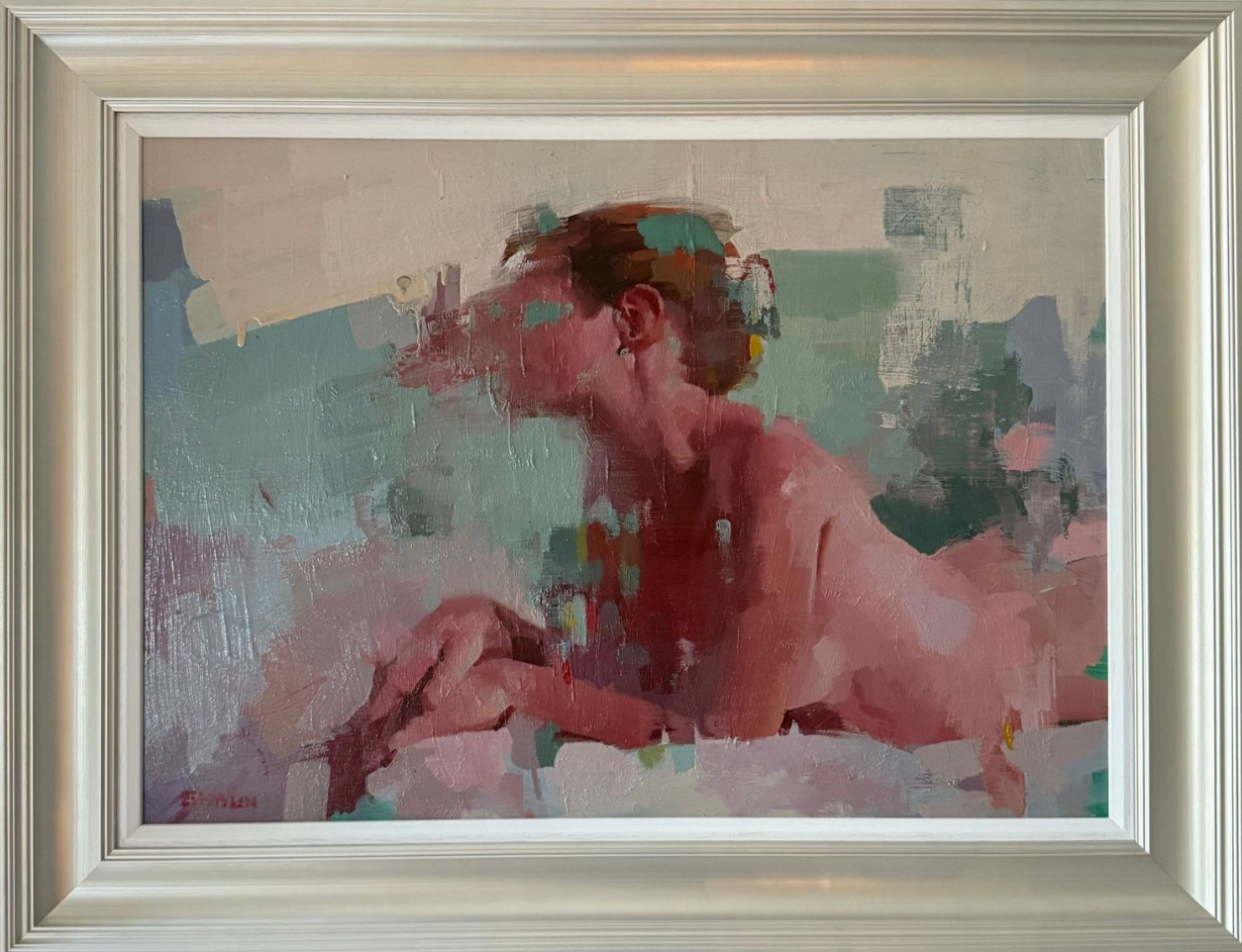 Framed painting of a nude figure in a landscape setting