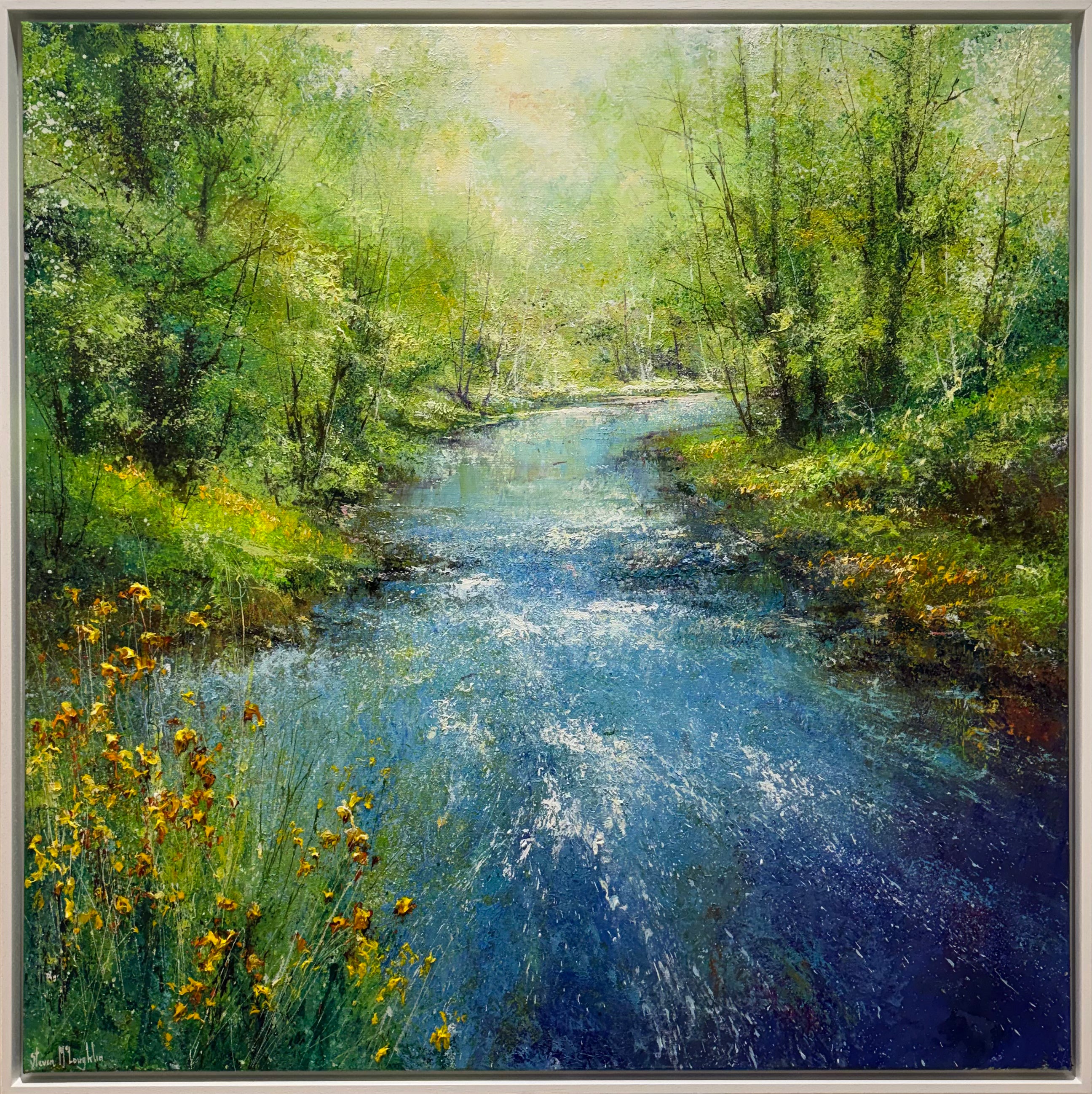 Painting of a serene forest stream with greenery and flowers.