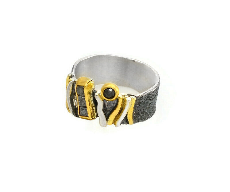 Oxidised Silver & Gold with rough Diamond & Black Diamond