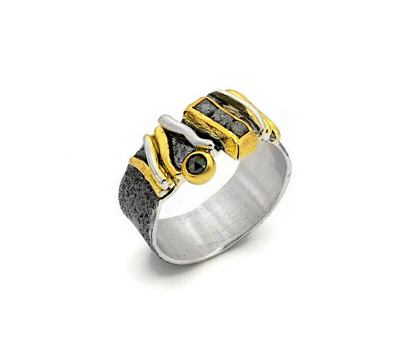Oxidised Silver & Gold with rough Diamond & Black Diamond