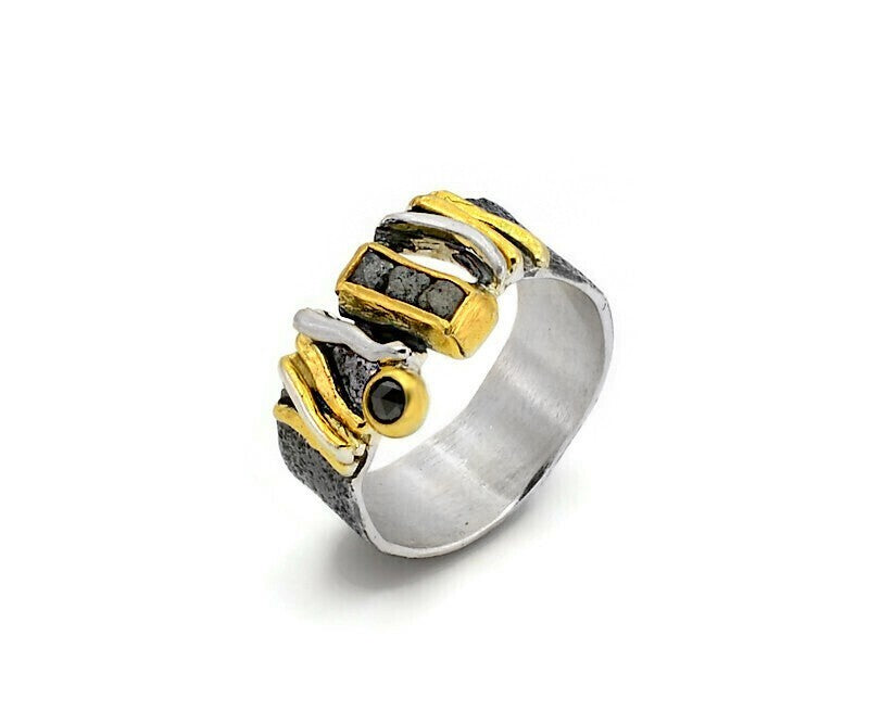 Oxidised Silver & Gold with rough Diamond & Black Diamond