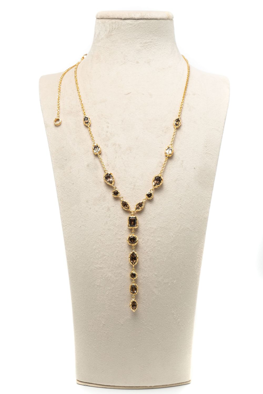 Engraved Gold Necklace & Smokey Quartz Stones