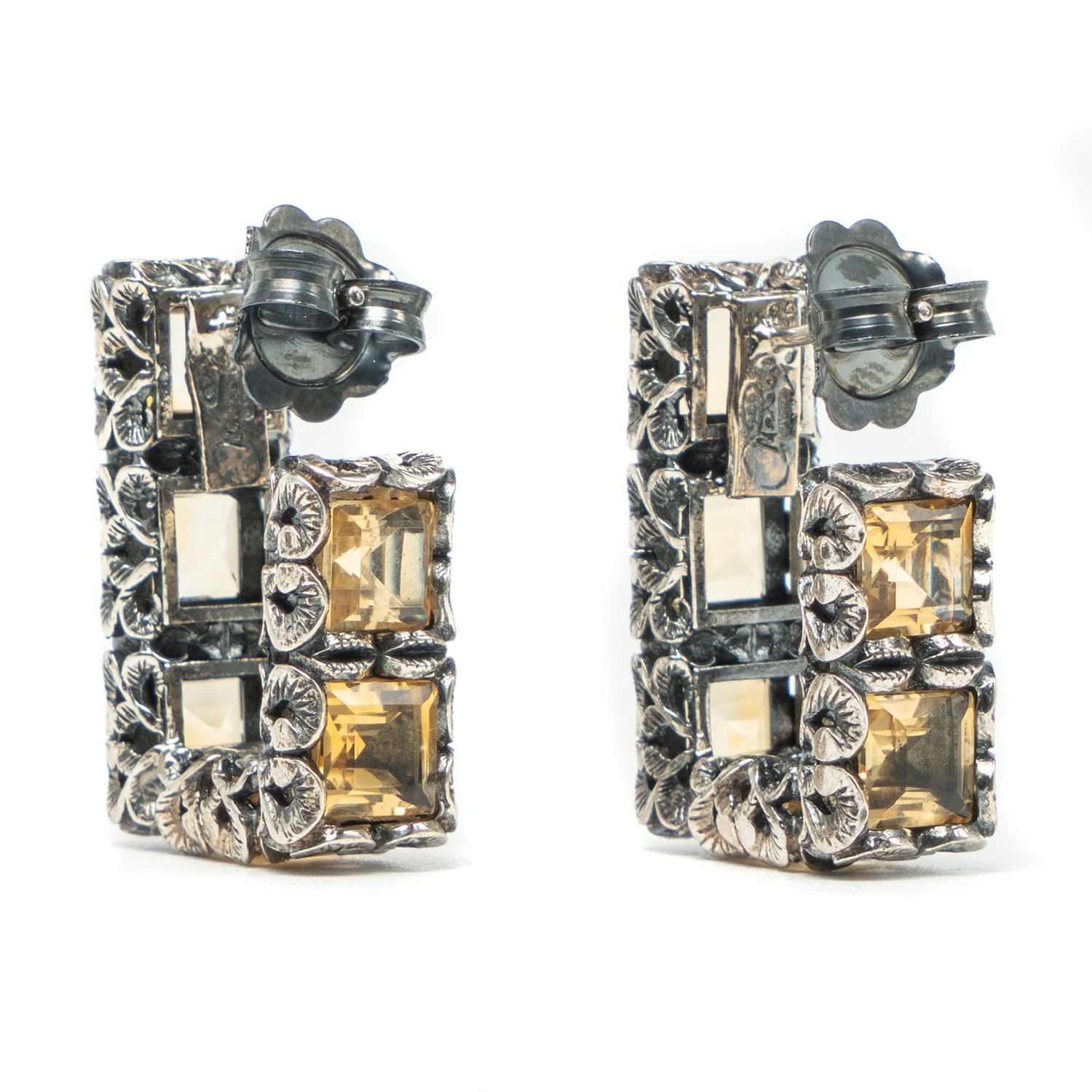 Carved Silver Earrings with Citrine