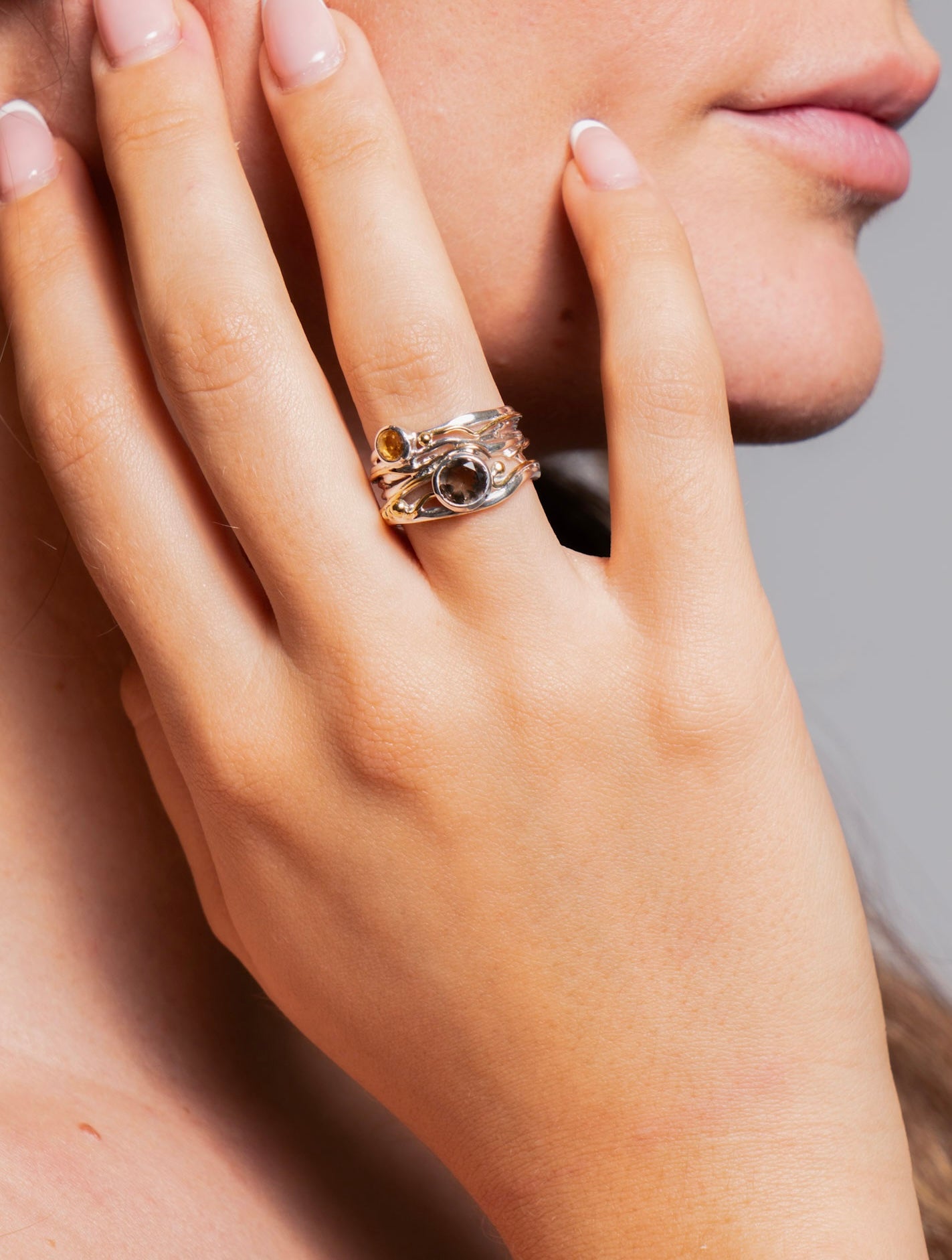 Smoky Quartz & Citrine Silver Ring