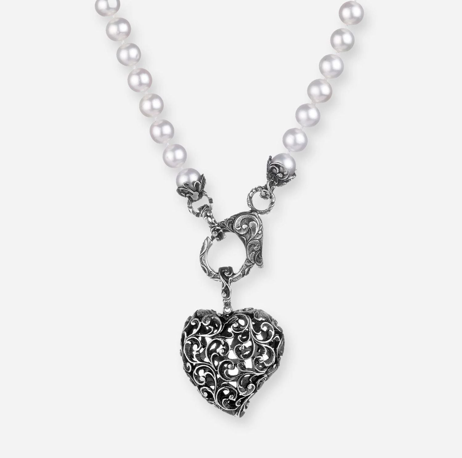 Statement pearl necklace with silver heart