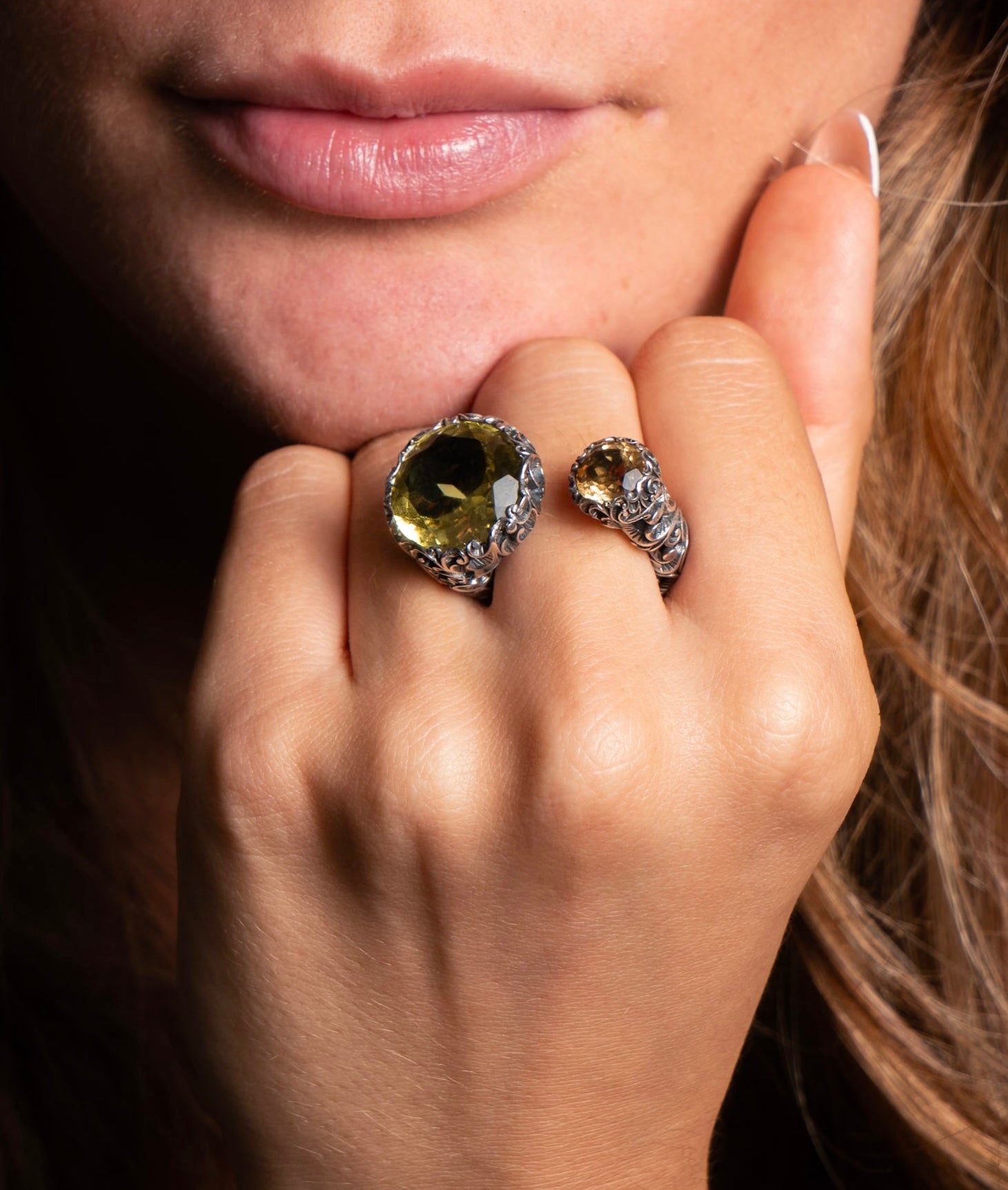 Maria e Luisa Lemon Stone & Citrine Statement Ring in Hand Engraved Sterling Silver