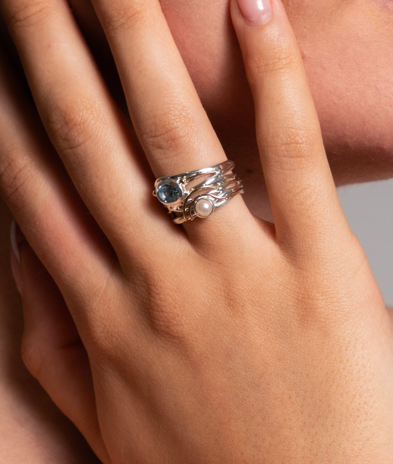Blue Topaz & Freshwater Pearl Silver Ring