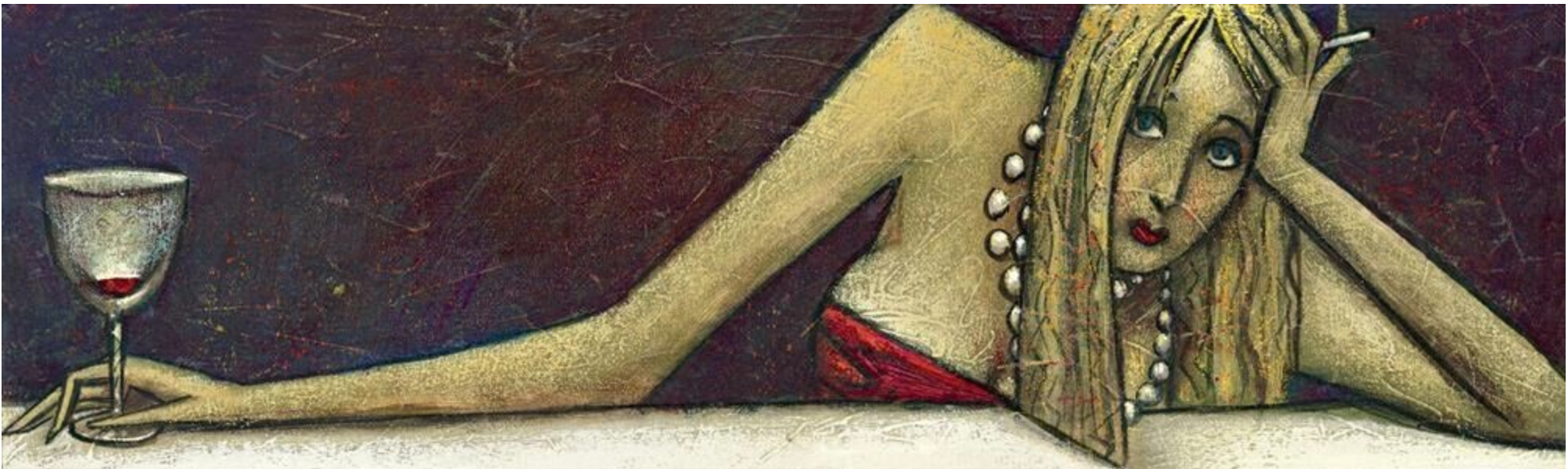 Artistic depiction of a woman with a glass of wine against a dark background