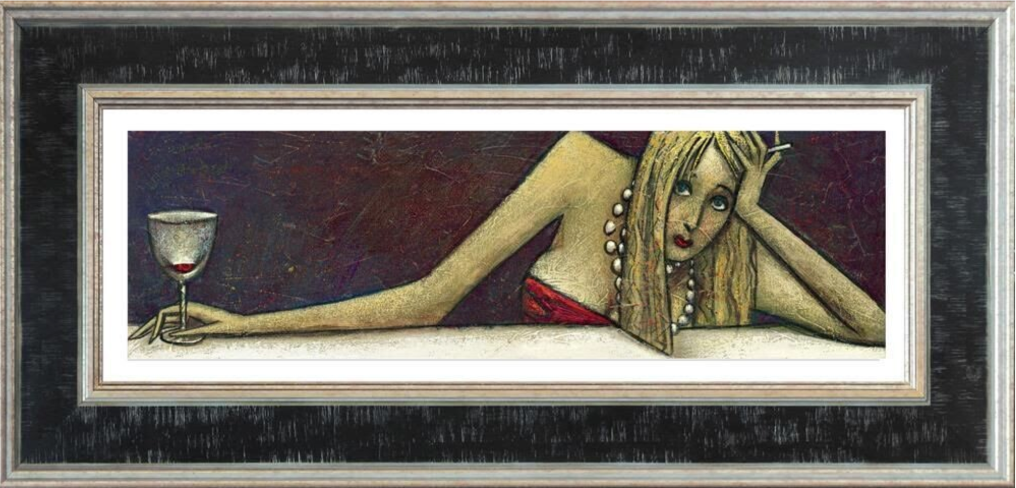 Framed artwork of a woman holding a glass of red wine with a dark background