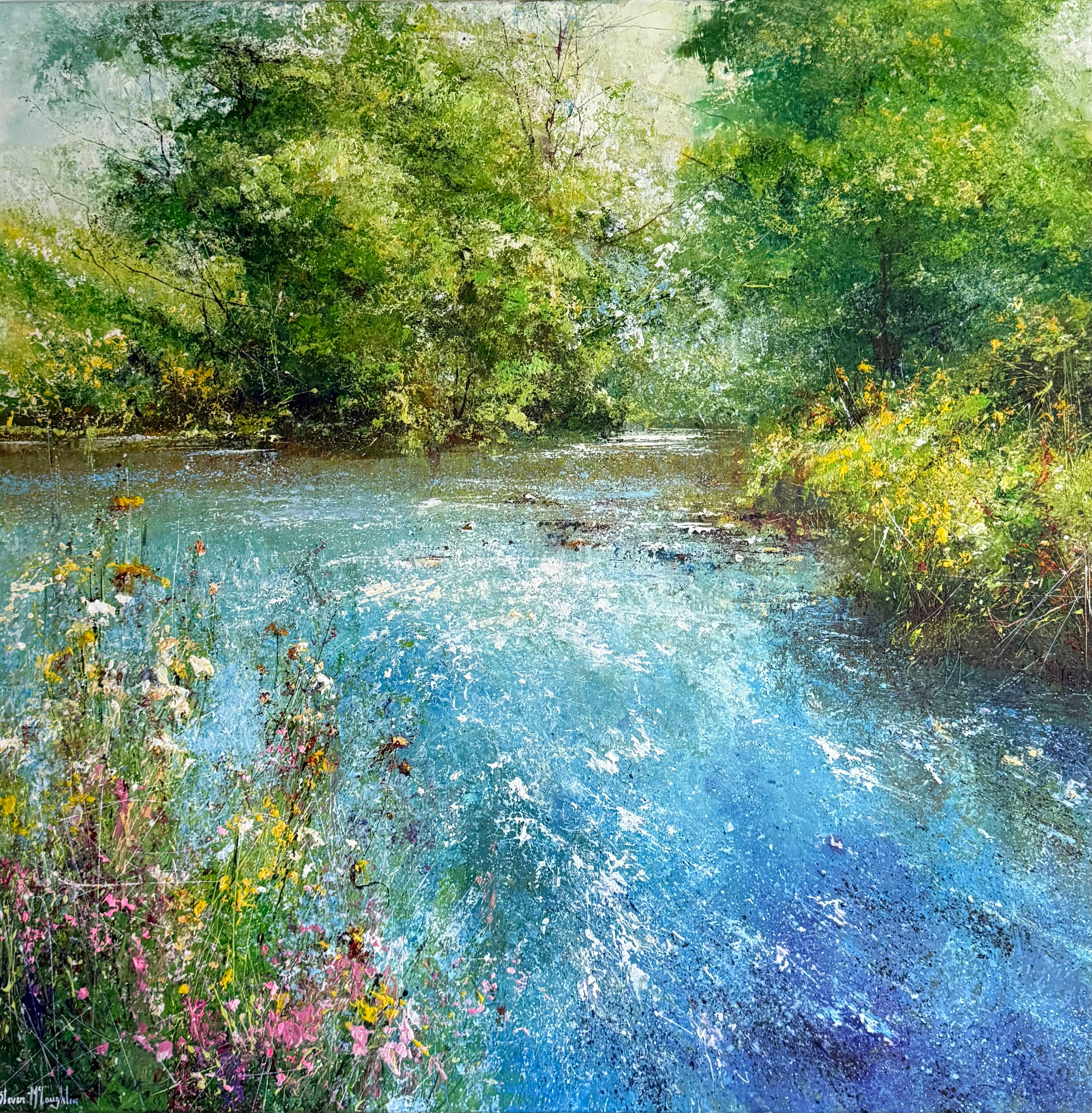 Painting of a serene river surrounded by greenery and flowers