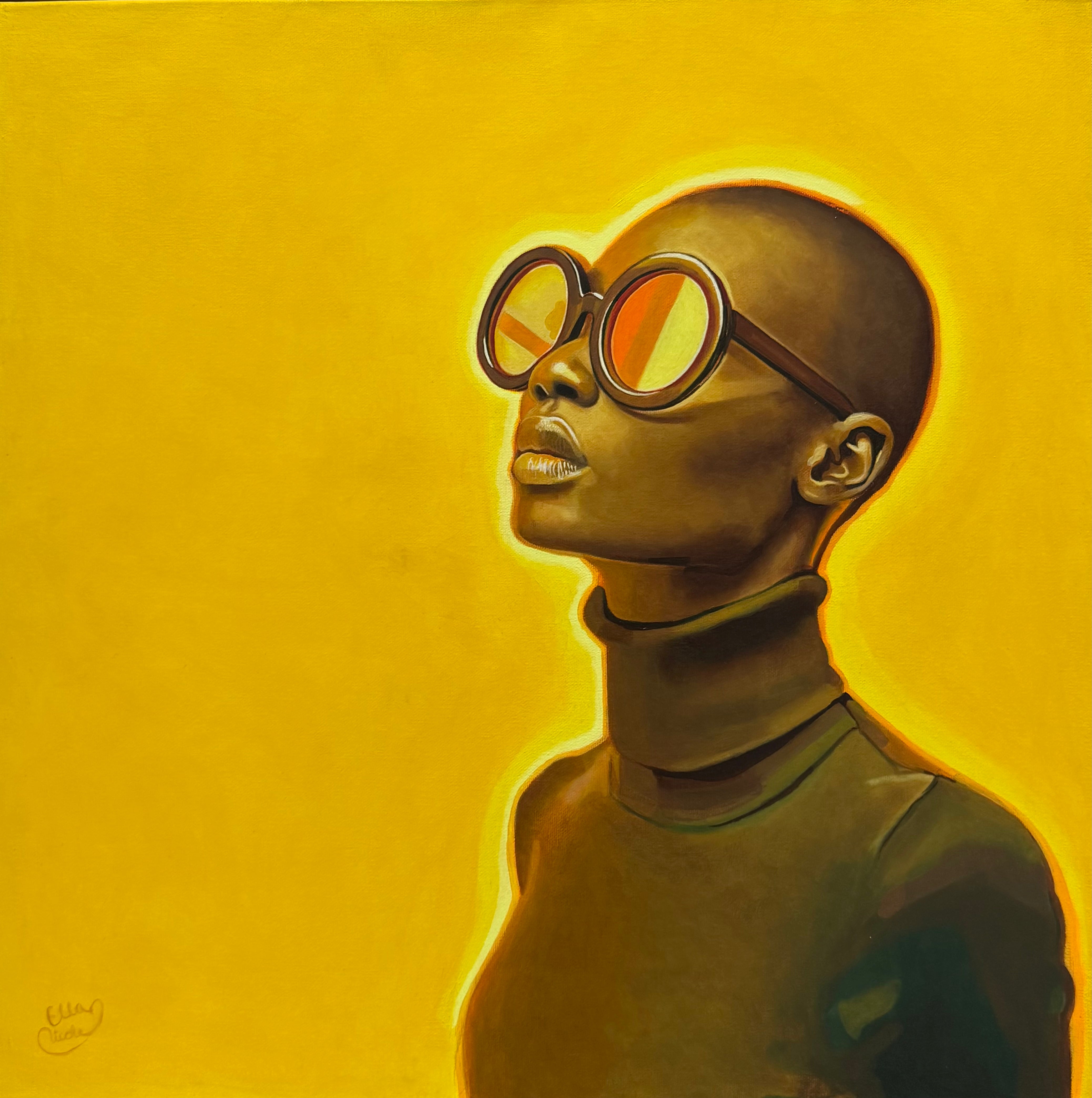 Artistic depiction of a person wearing large glasses against a yellow background