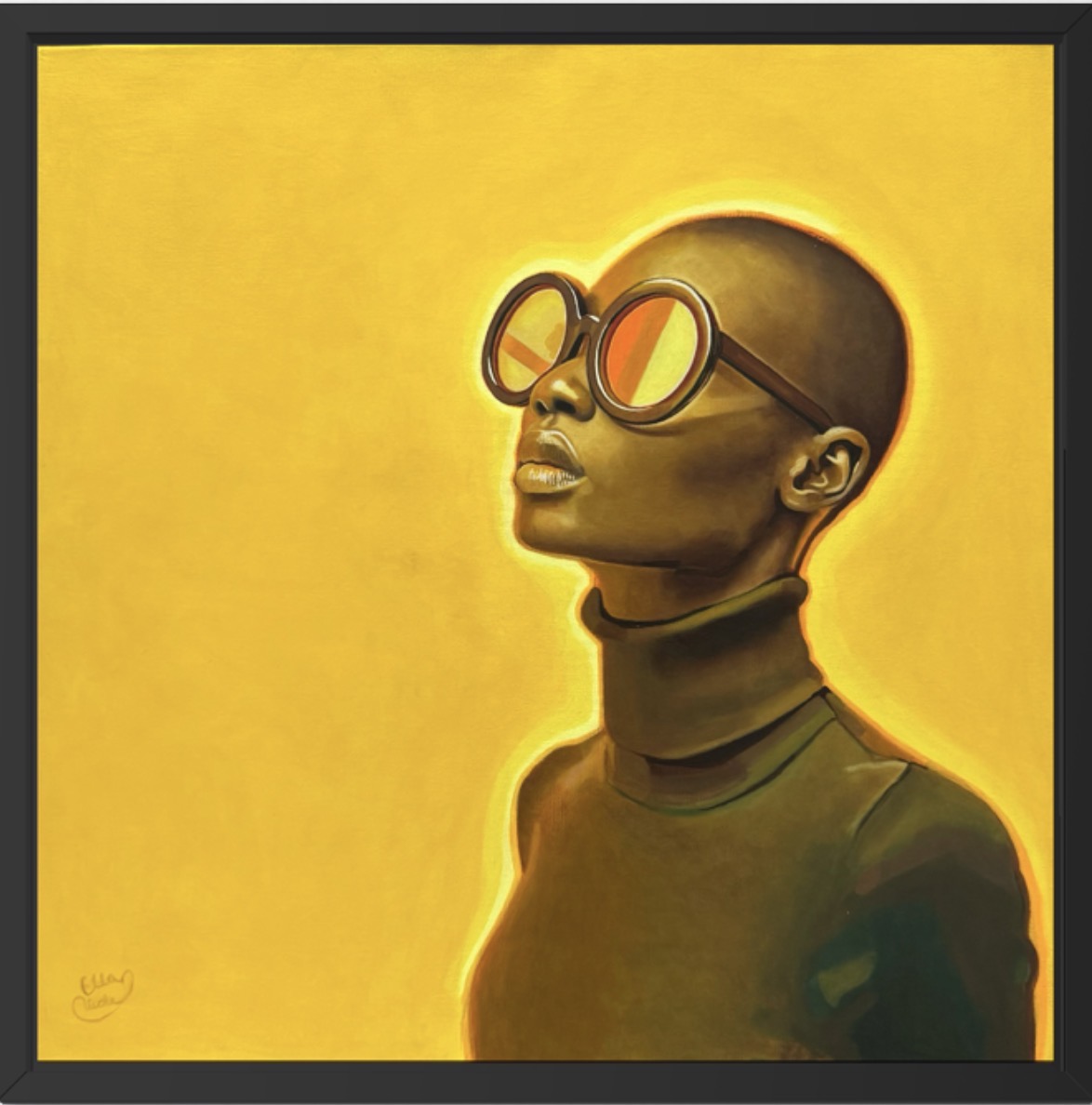 Artistic depiction of a person wearing large goggles on a yellow background