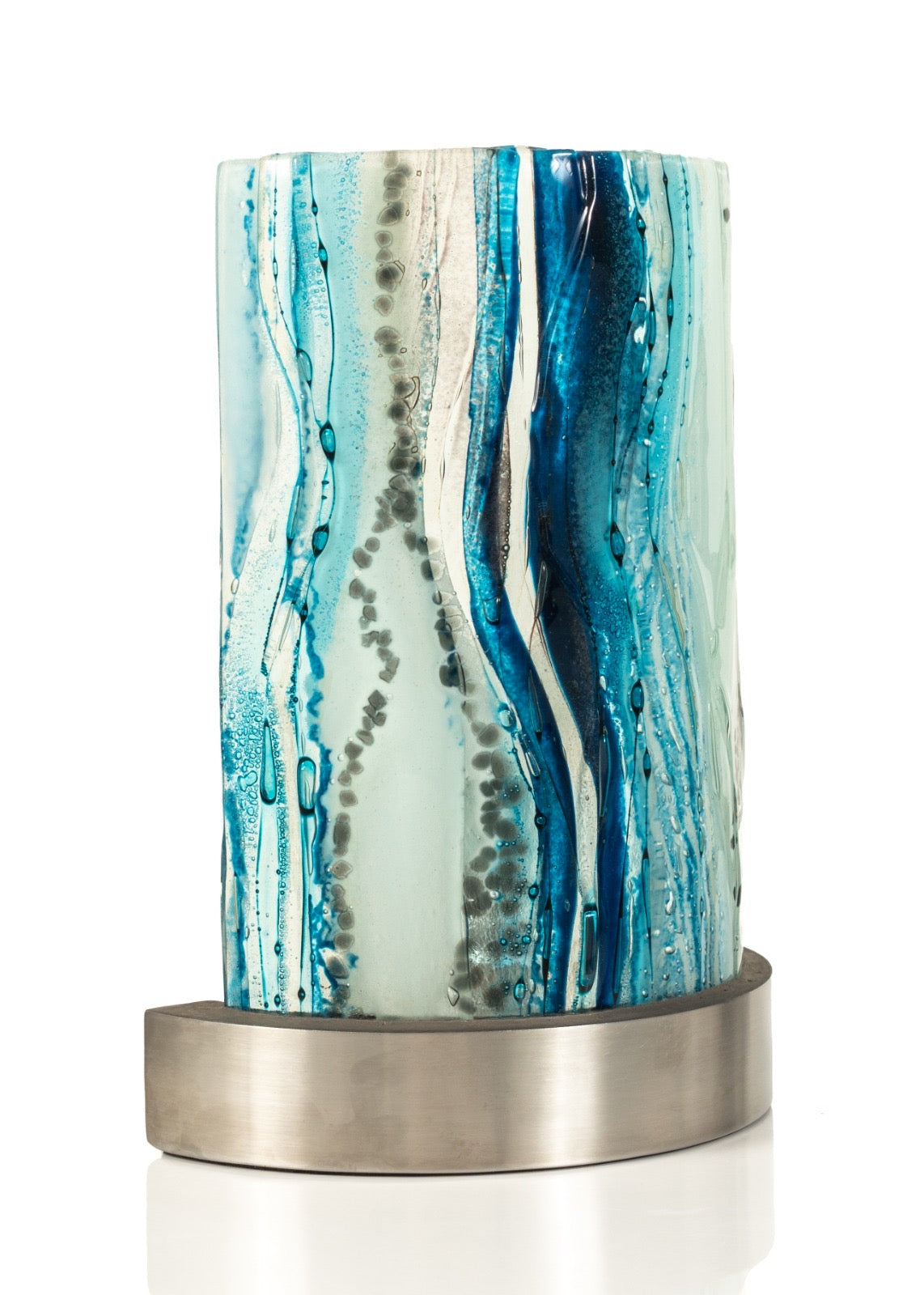 Decorative lamp with blue and white abstract design on a white background