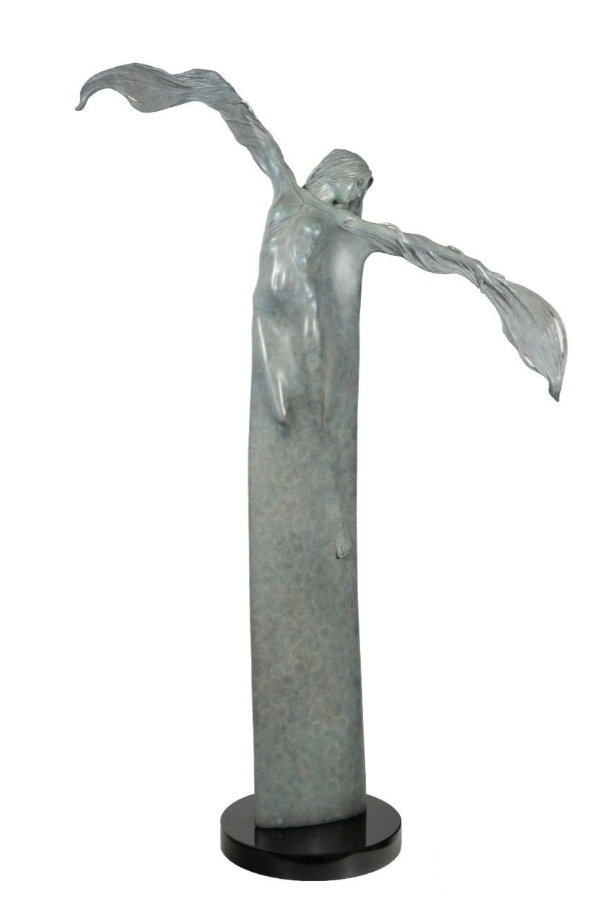 Statue of a figure with outstretched arms on a white background