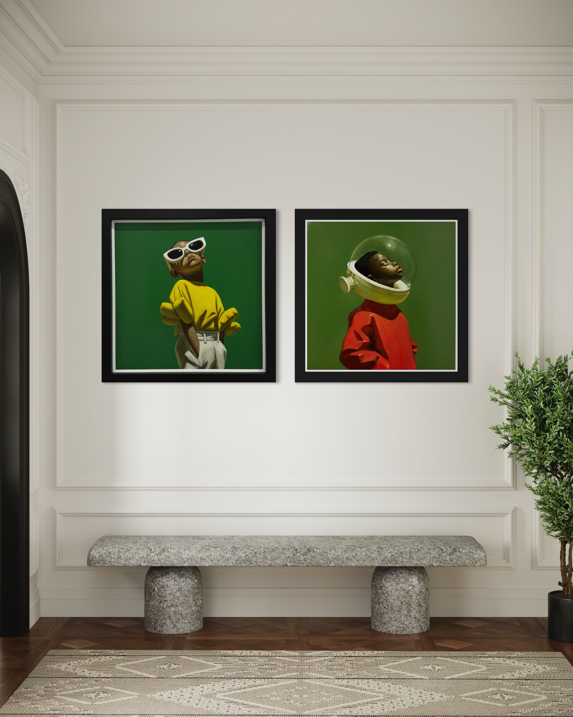 Two framed artworks on a wall with a stone bench and plant below.