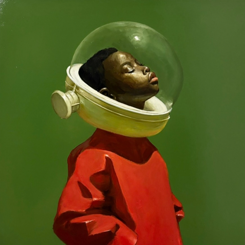 Painting of person wearing a large, transparent space helmet against a green background