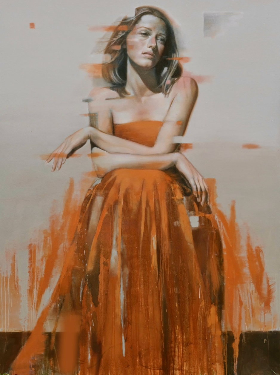 Artistic depiction of a woman in an orange dress with abstract elements. Contemporary Original Art Al Saralis