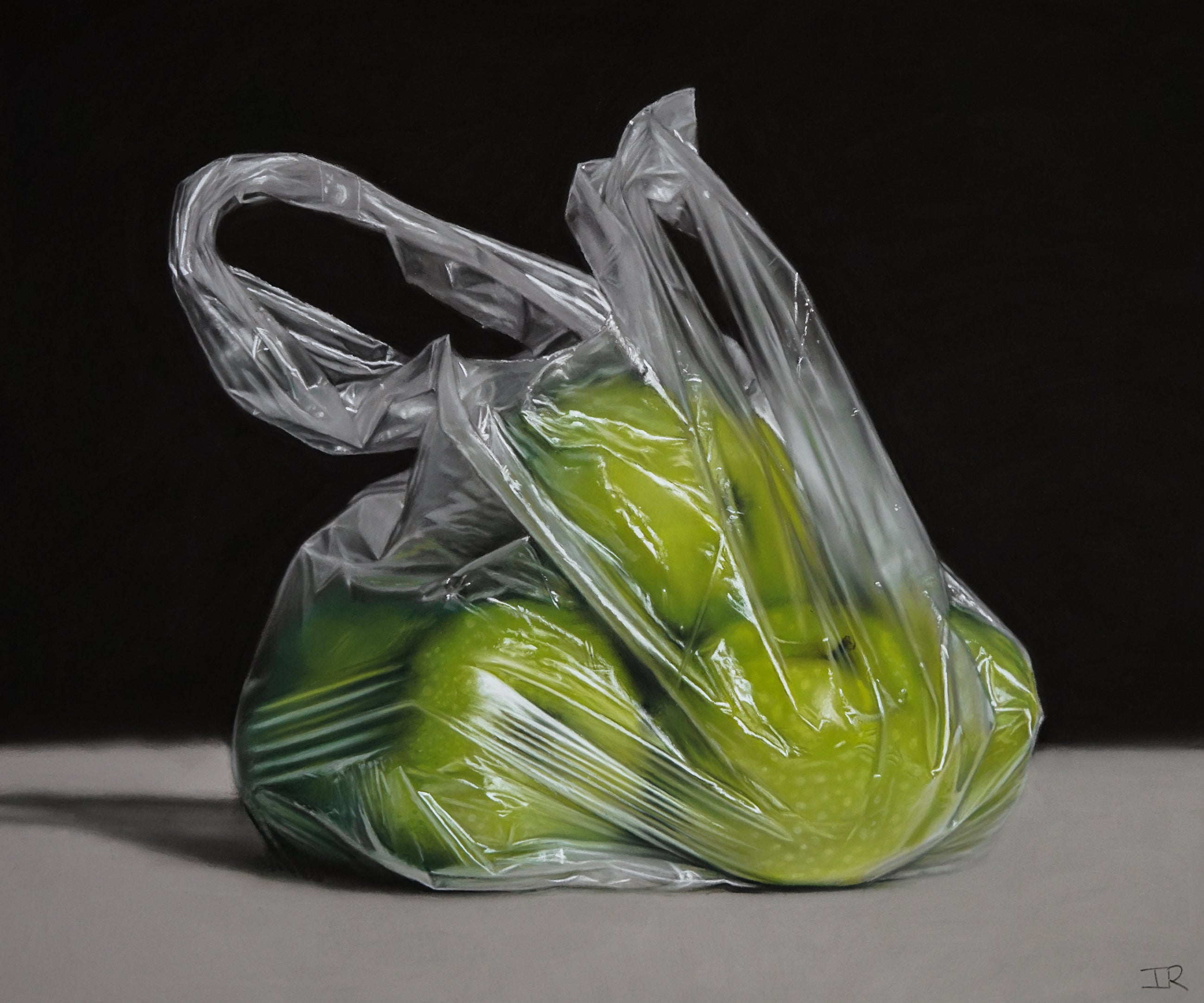 pastel drawing of Clear plastic bag filled with green apples on a dark background